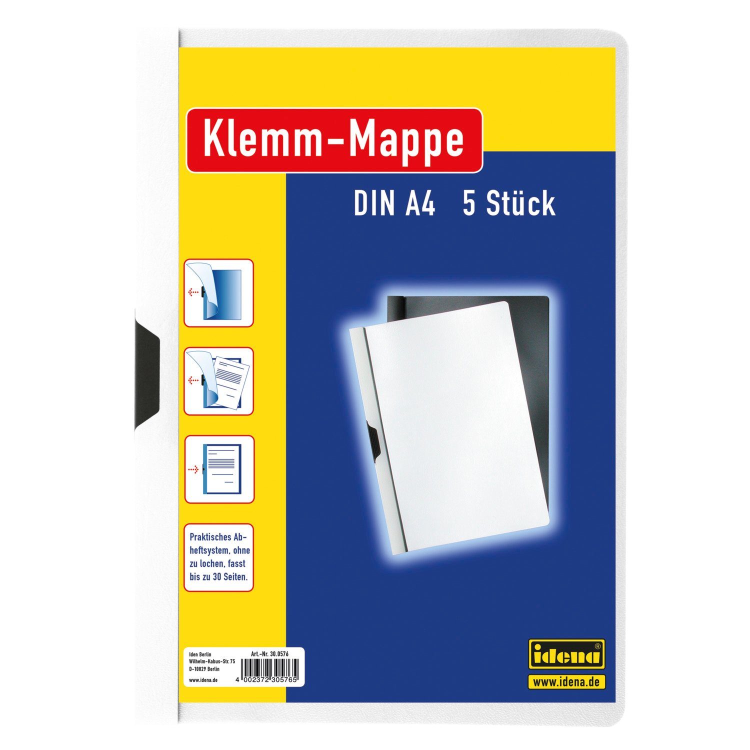 Idena Klemmtafel Idena 300576 - Klemmmappe für DIN A4, weiß, 5 Stück, Fassungsvermögen