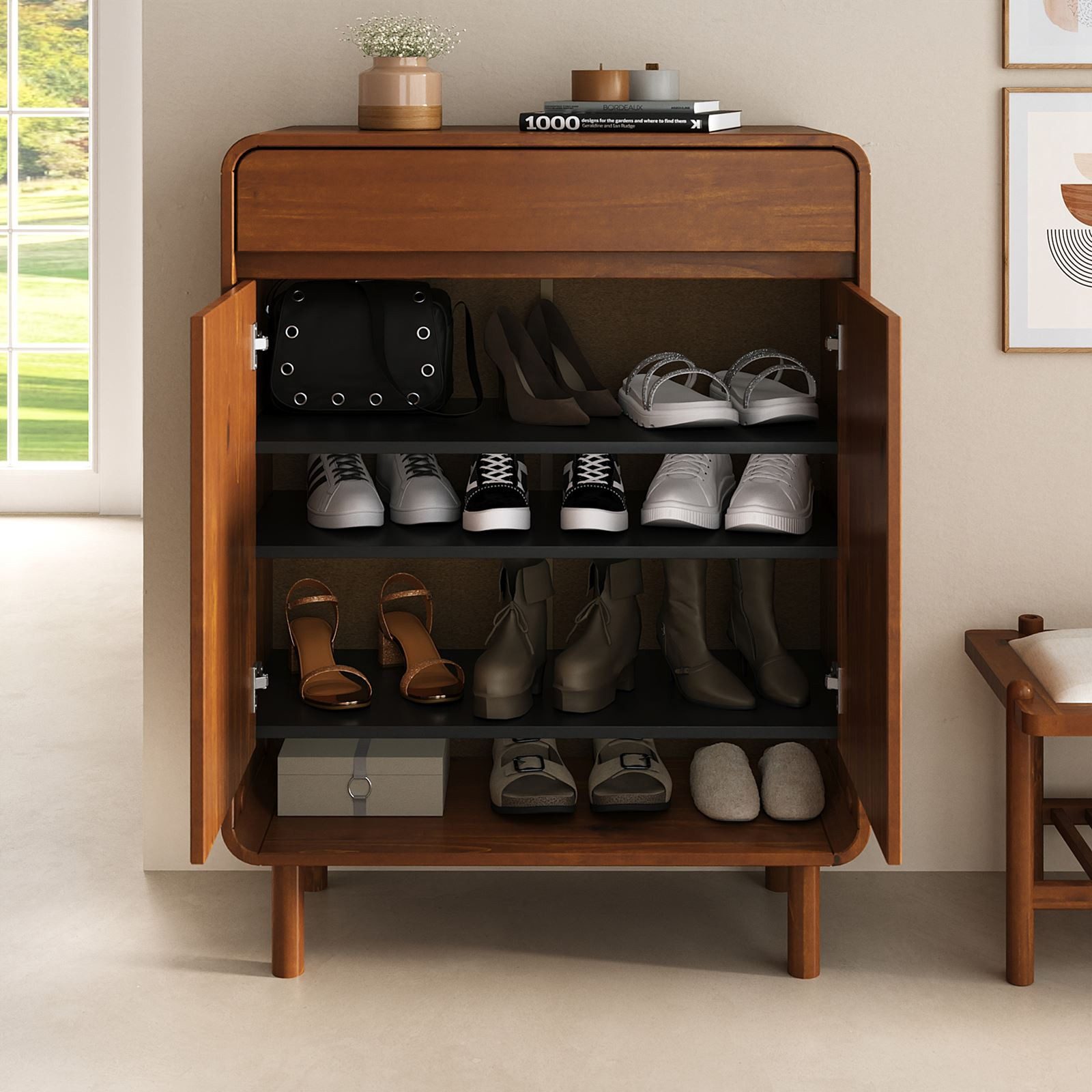 IDIMEX Schuhschrank JUAN Schuhkommode aus massivem Kiefernholz mit Schublade Kastanie Finish