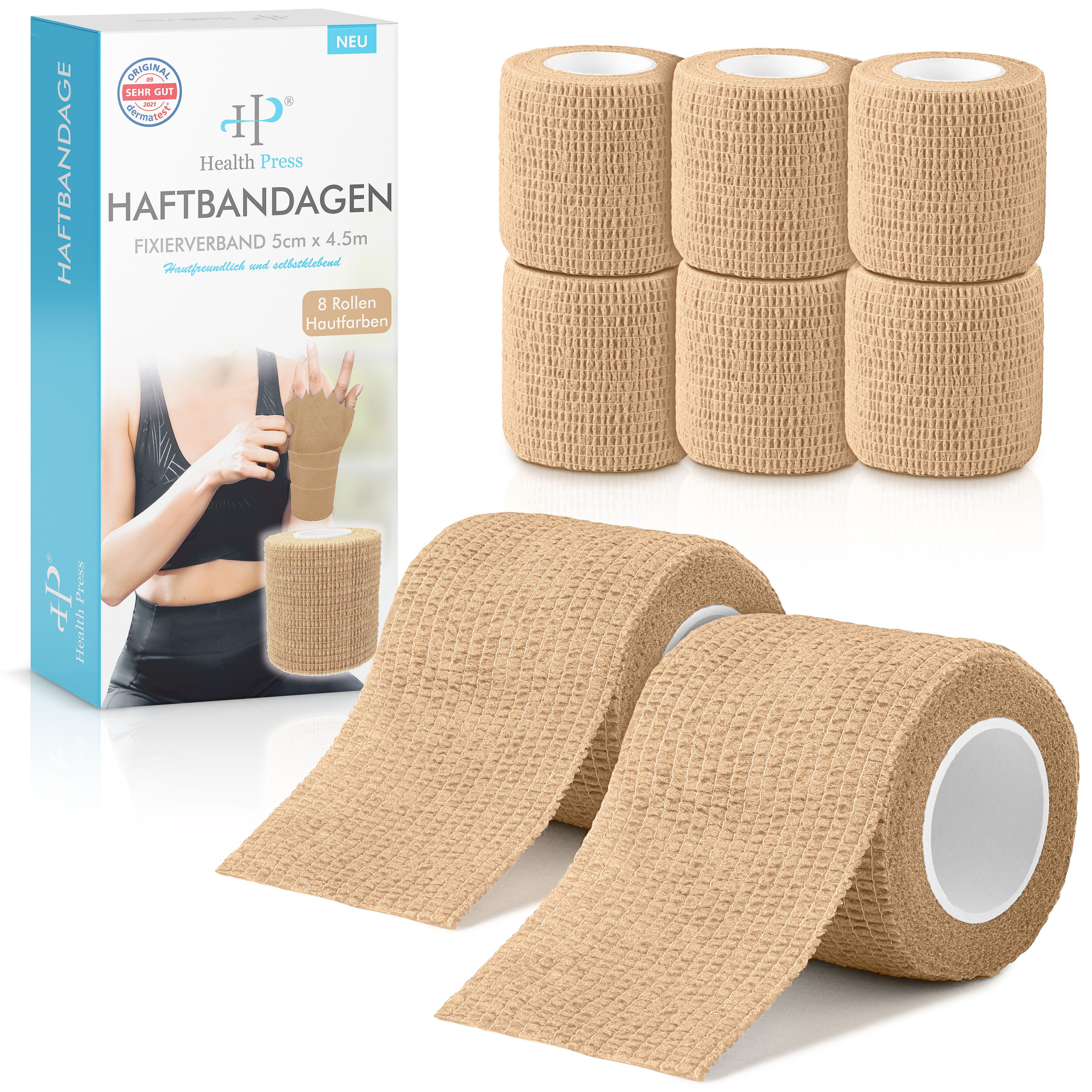 Health Press Bandage Selbstklebender Verband - 8x Pflaster Rolle (5,0cm x 4,5m)