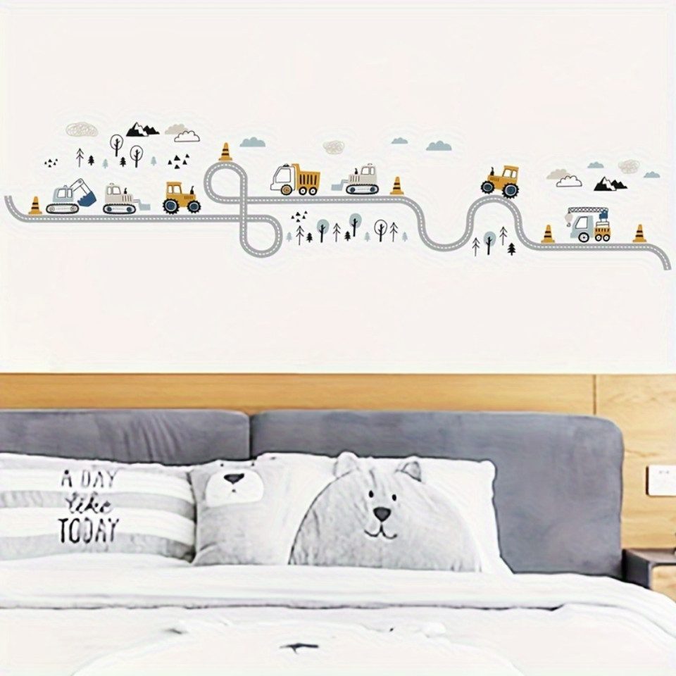 Montegoni Wandsticker Selbstklebende Cartoon Auto und Baufahrzeug Wandaufkleber, 30 x 90cm Glänzende Vinylaufkleber für Kinderzimmer und Wohnzimmer