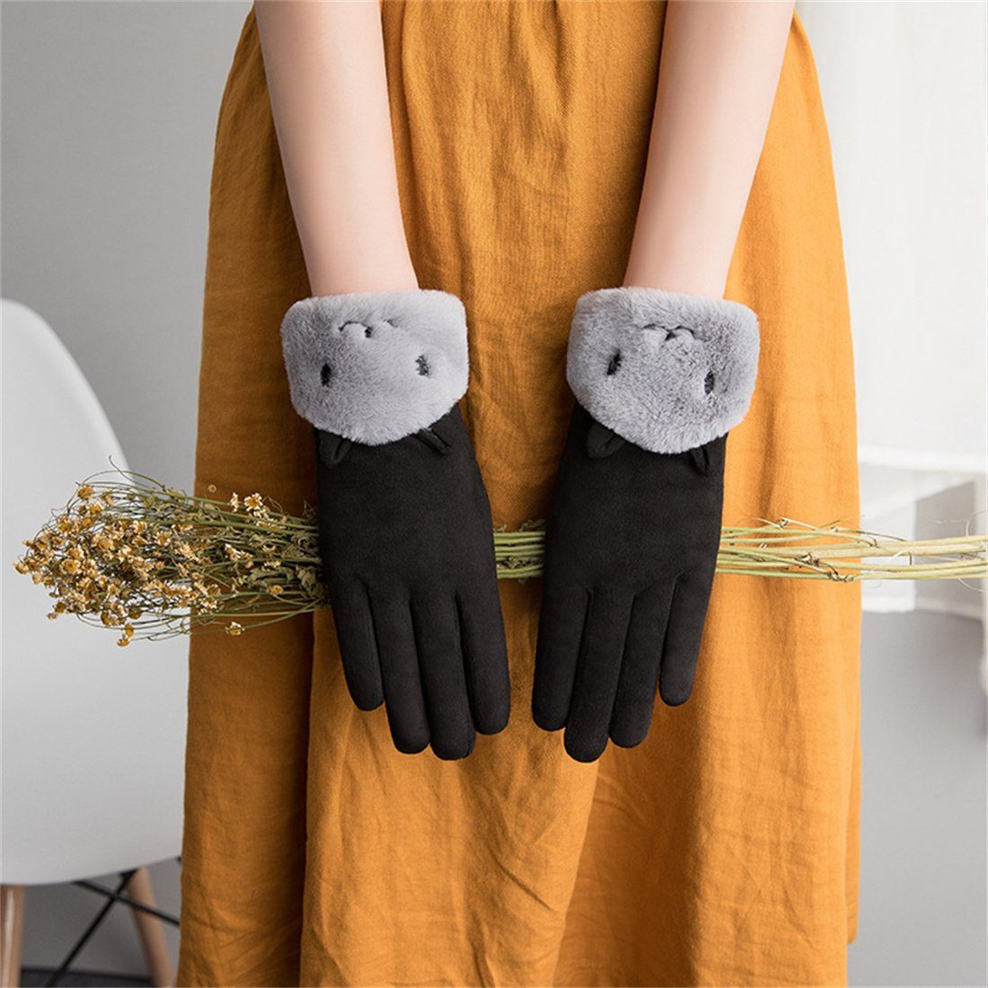 DÖRÖY Fleecehandschuhe Damen Winter Cartoon gepolsterte warme Handschuhe, Reithandschuhe Schwarz | Fleecehandschuhe
