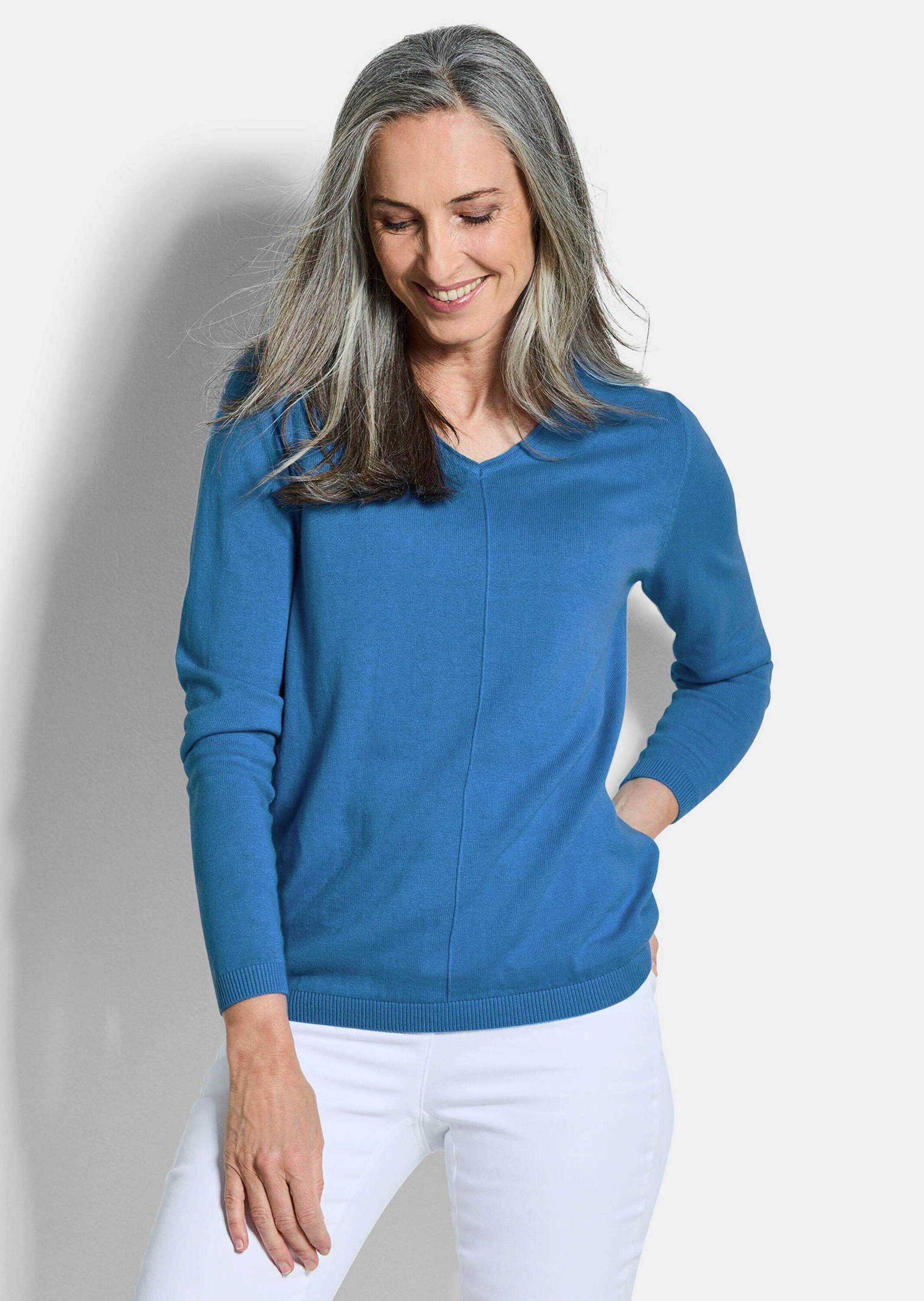 GOLDNER Strickpullover Baumwollpullover mit V-Ausschnitt Feinstrickpullover mit V-Ausschnitt, gerippten Säumen und Langarm