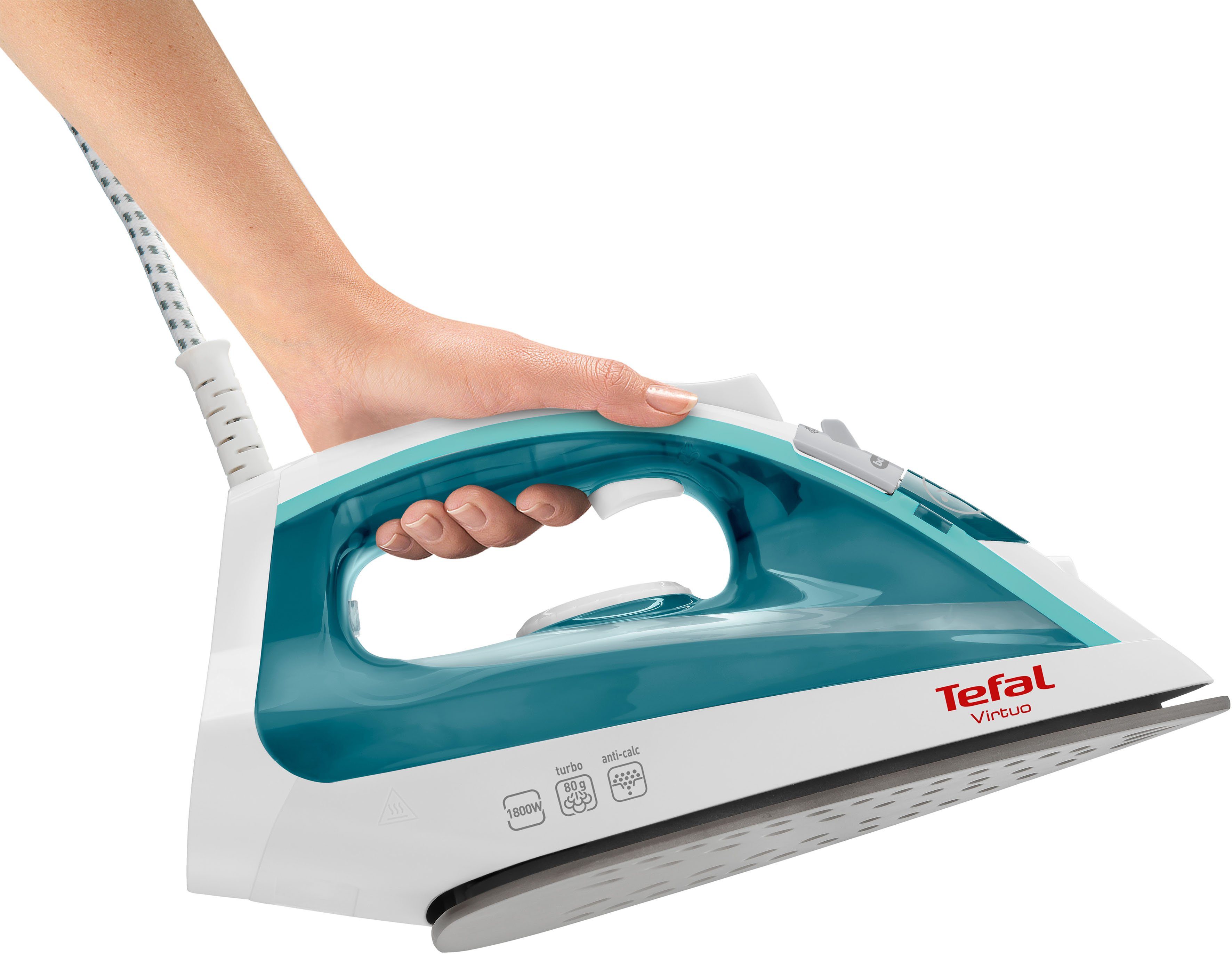 Tefal Dampfbügeleisen FV1710 Virtuo, 1800 Watt, 80 g/Min. Dampfstoß, 1800 W, 20 g/Min. kontinuierlicher Dampf, Antihaft-Bügelsohle, weiß/türkis – Bild 5 von 5