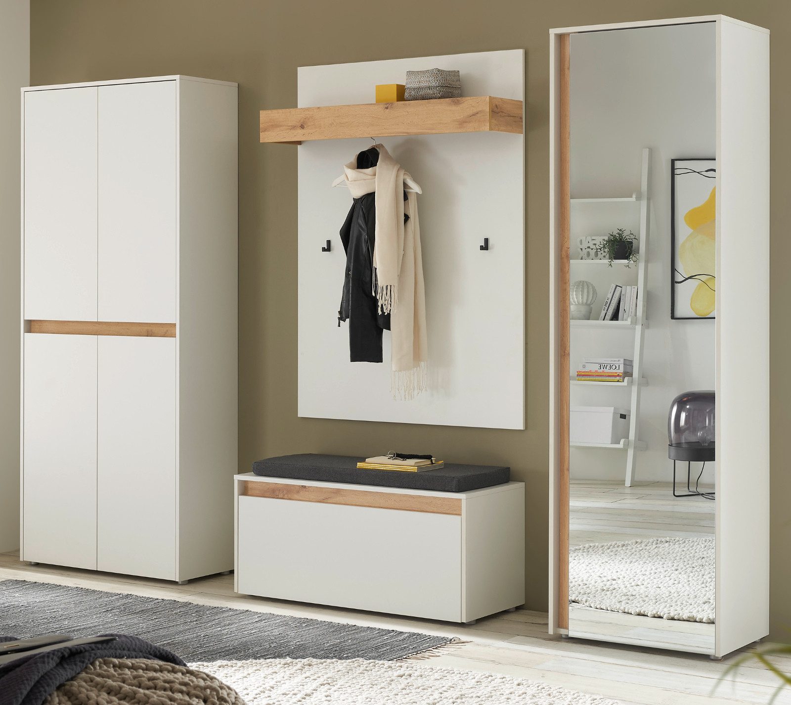 Furn.Design Garderoben-Set Center, (Flurgarderobe Komplett-Set in Weiß und Eiche, 5-teilig, 265 x 200 cm), 15 geschlossene Fächer, große Spiegeltür und 2 Hochschränke