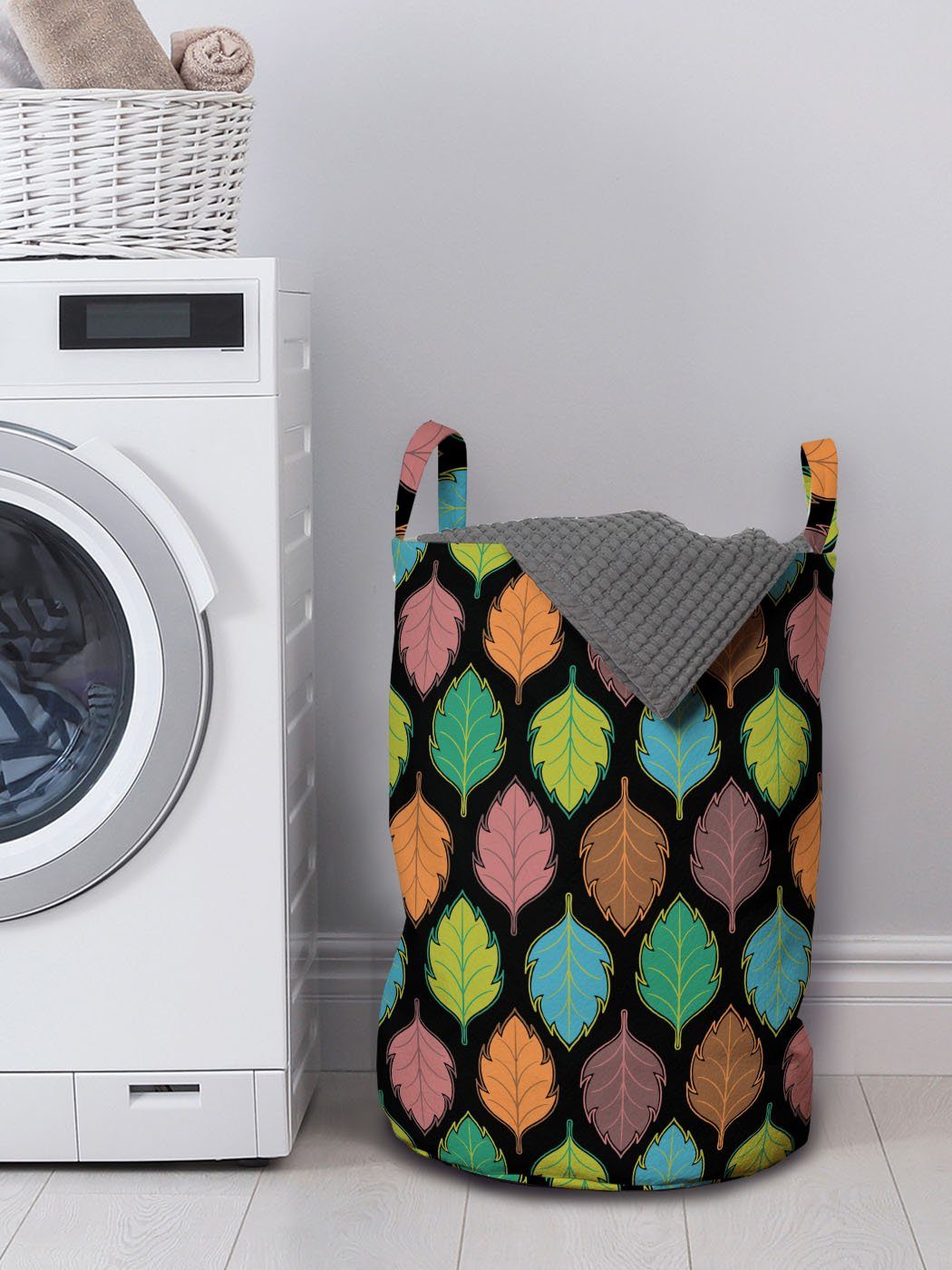 Abakuhaus Wäschesäckchen Wäschekorb mit Griffen Waschsalons, Blätter Blatt Buntes Design Kordelzugverschluss für