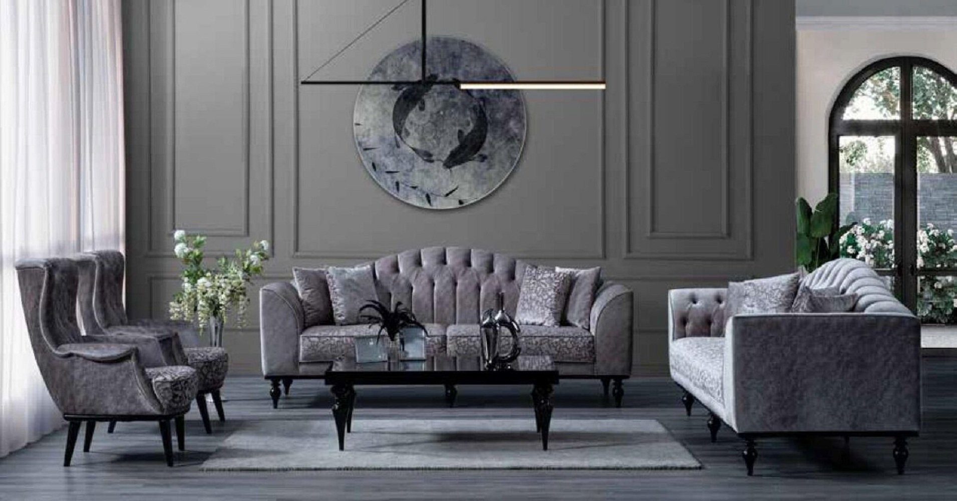 JVmoebel 3-Sitzer Dreisitzer Luxus 1 Textil Wohnzimmer Made Grau in Sofa Holz, Moderne Europe Sofa Couch Teile