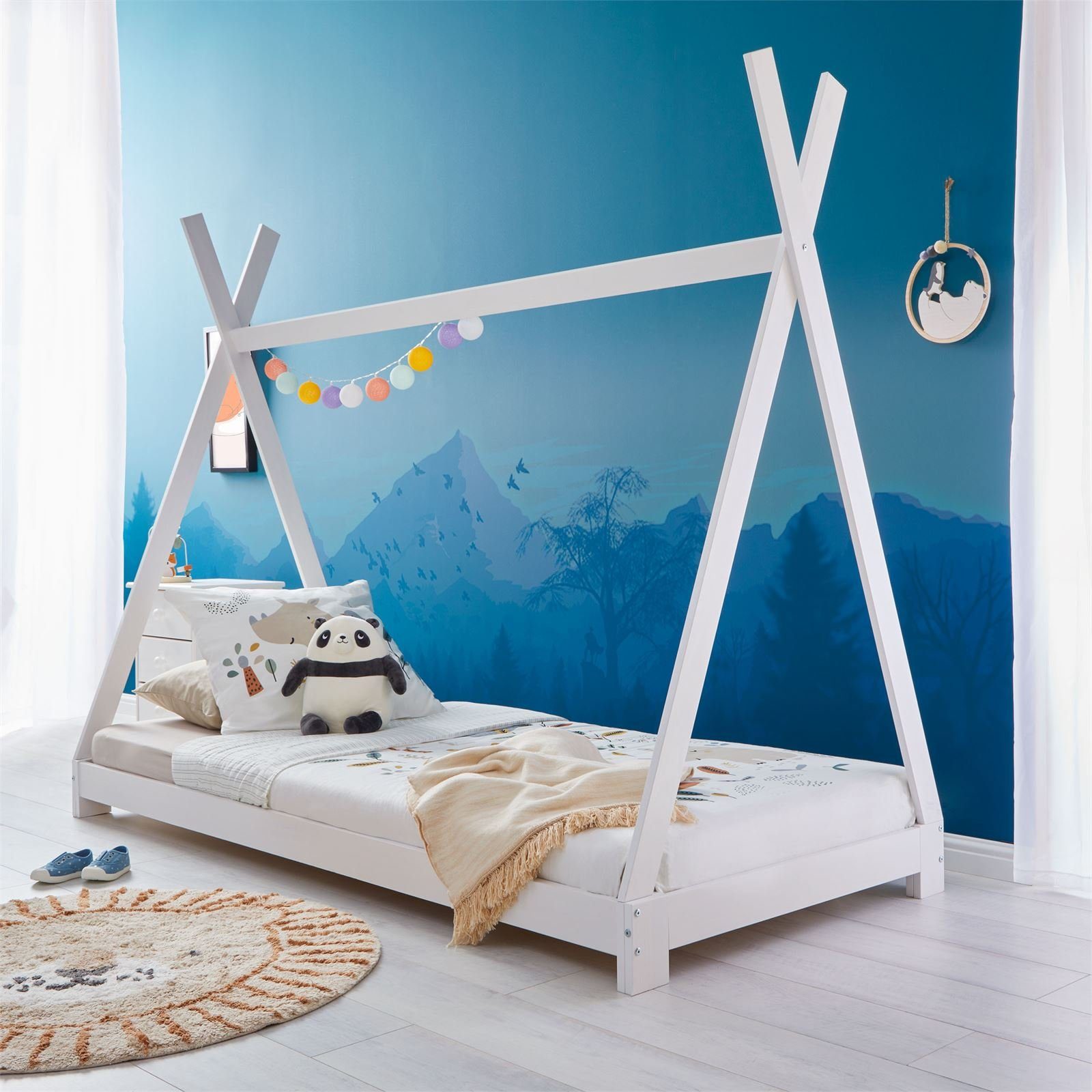 Tipi Spielbett aus mit Dach Zelt Hausbett IDIMEX Kinderbett Zeltbett ELIN, Tipibett Kiefe weiß Bett