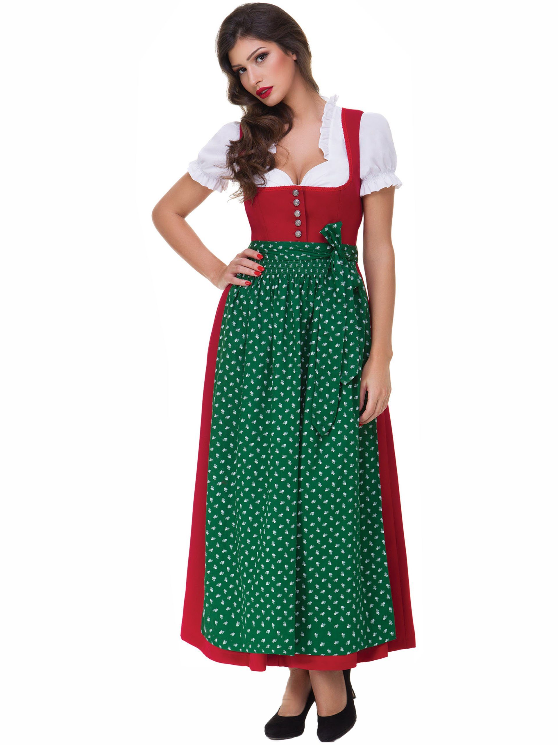 Almbock Dirndl Langes Dirndl Lea (2-tlg) rot mit grüner Schürze