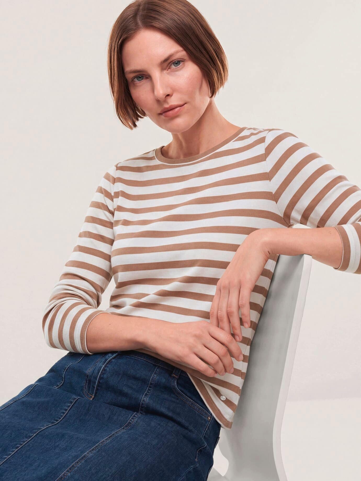 Walbusch Langarmshirt Damen Baumwollshirt mit Ringel Rundhals Langarm, Rundhals