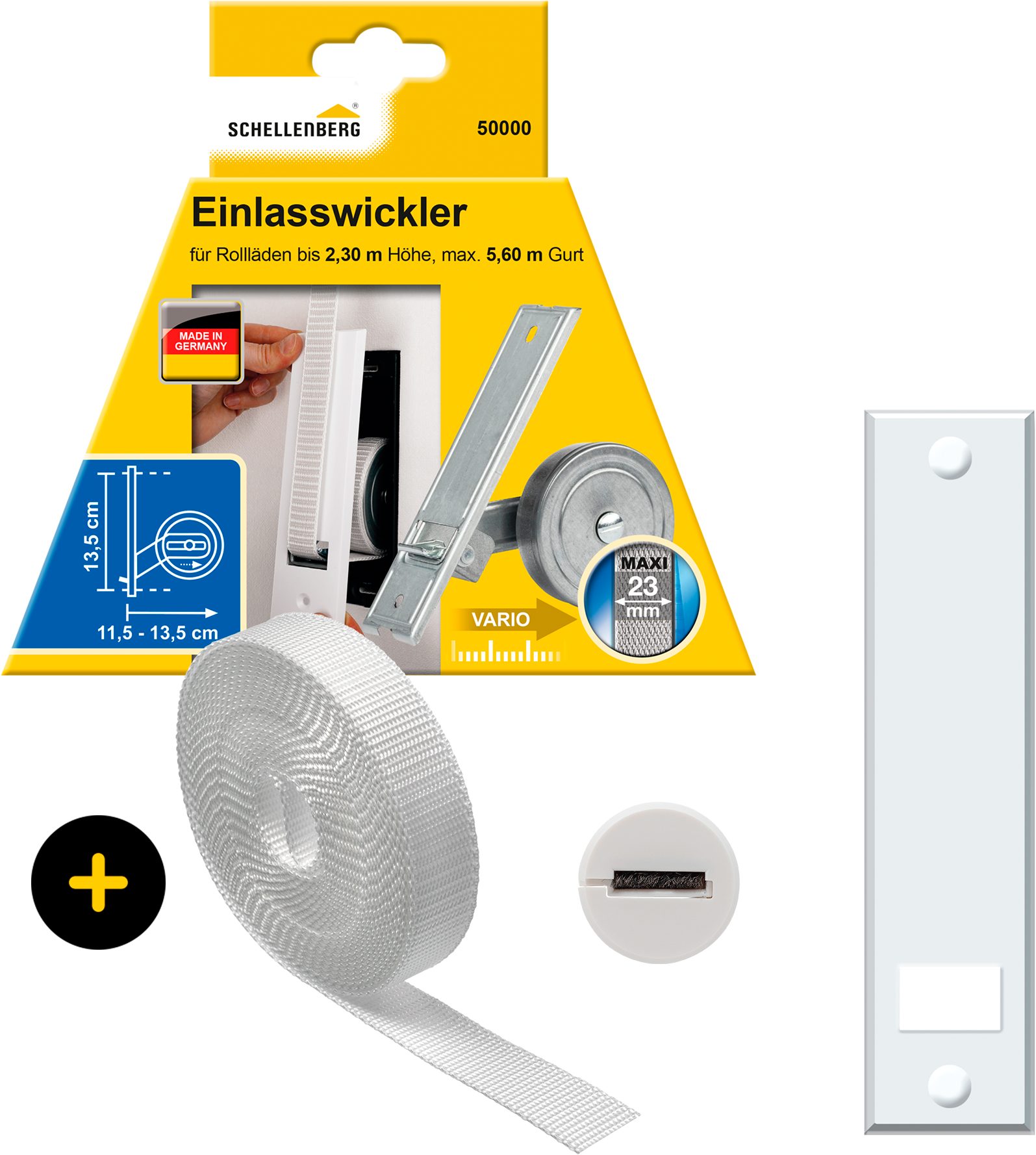 Einlass-Gurtwickler inkl. Abdeckplatte, Gurtführung, Rollladengurt grau oder weiß