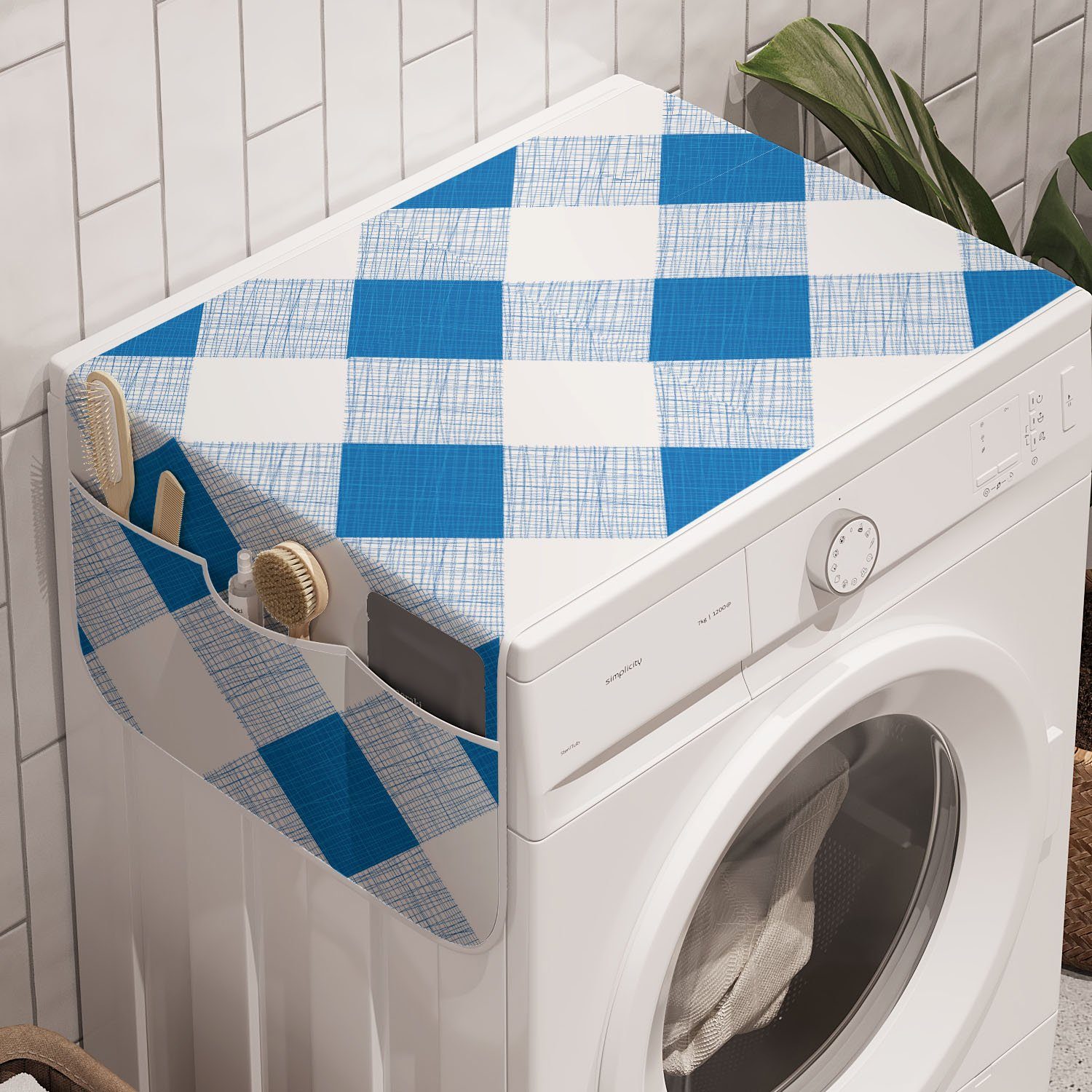 Abakuhaus Badorganizer Anti-Rutsch-Stoffabdeckung für Waschmaschine und Trockner, Blau und weiß Checkered Plaid Gitter