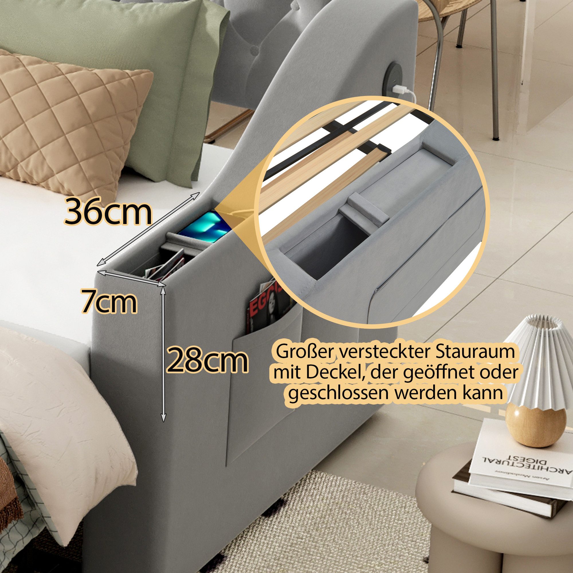Odikalo Schlafsofa Schlafcouch 90x190 mit Lattenrost & USB Ohne Matratze, Polsterbett Schlafsofa, 90/180*190 cm, Breitere und Dickere Armlehnen mit USB-Ladeansc – Bild 5 von 5