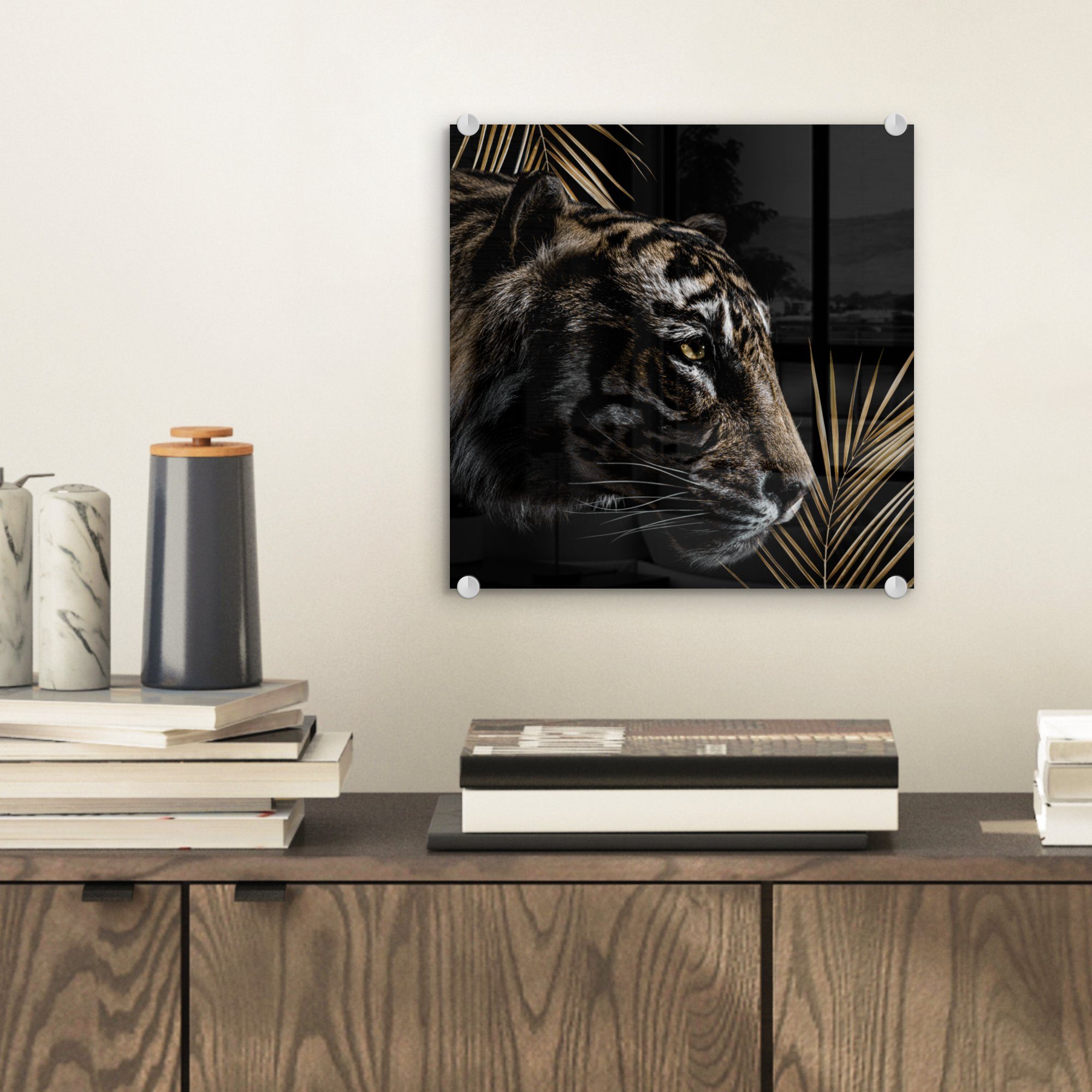 (1 Wandbild MuchoWow - Glas Glas St), Foto - Bilder - auf - Tiger Wanddekoration Acrylglasbild Farn Glasbilder auf Schwarz, -