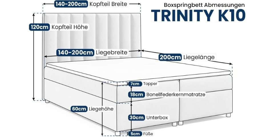 Home Trinity Boxspringbett Creme Bettkasten mit Best Topper for K10, und