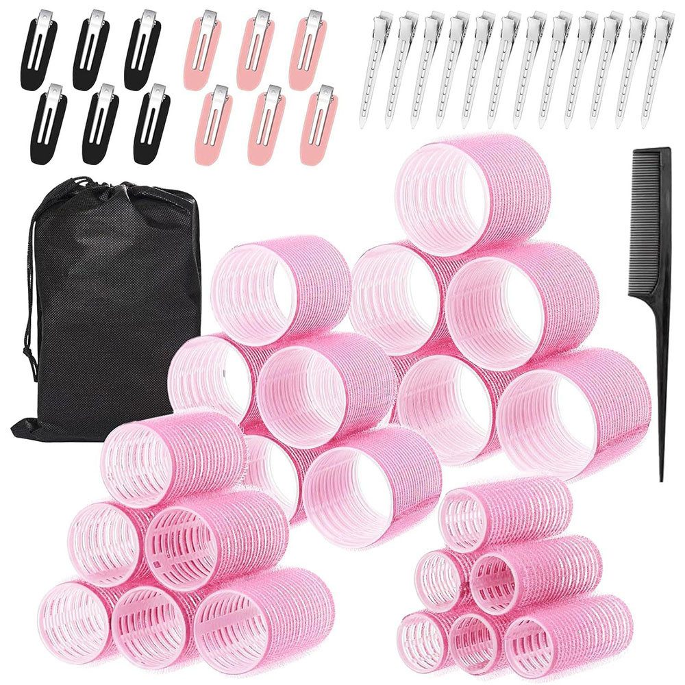 AFKSMILE Lockenwickler Lockenwickler-Set, 50 Stück, 4 Größen Selbstklebende Lockenwickler, Inklusive Aufbewahrungstasche und 24 Edelstahl-Haarklammern