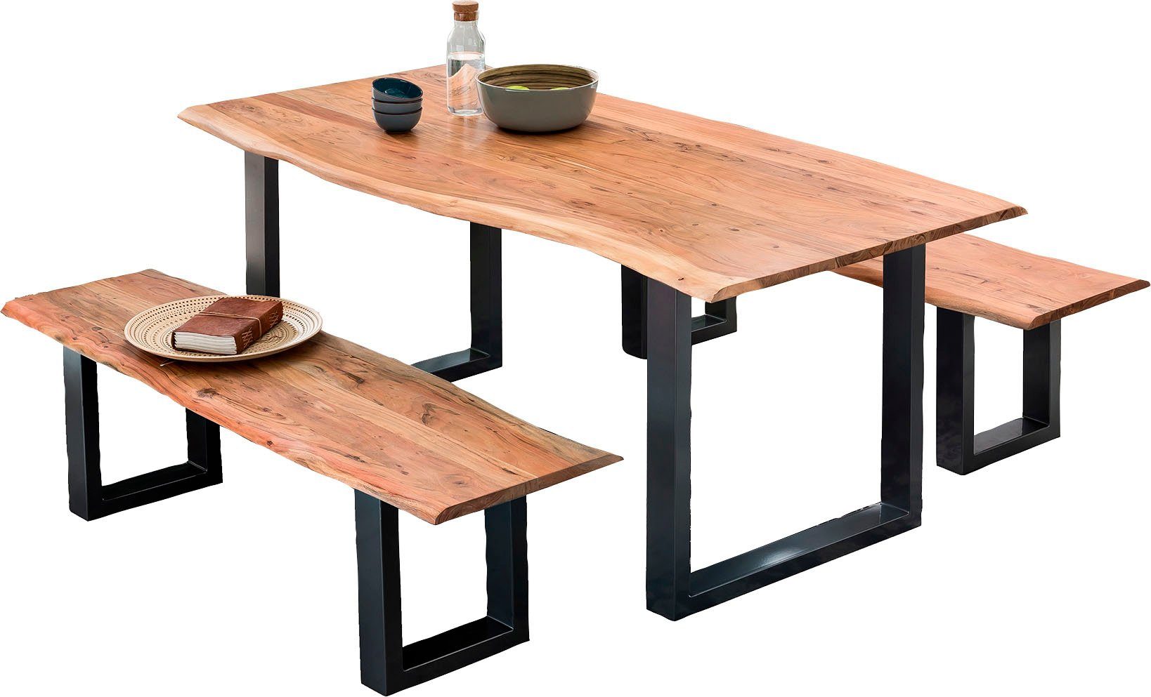 SIT Essgruppe Victoria aus Akazie mit Baumkante Tisch & 2 Bänken, (Set, 3-tlg., 1 Tisch und 2 Bänke), 3-tlg. Set Akazie Tischgruppe mit natürlicher Baumkante & Stahlgestell