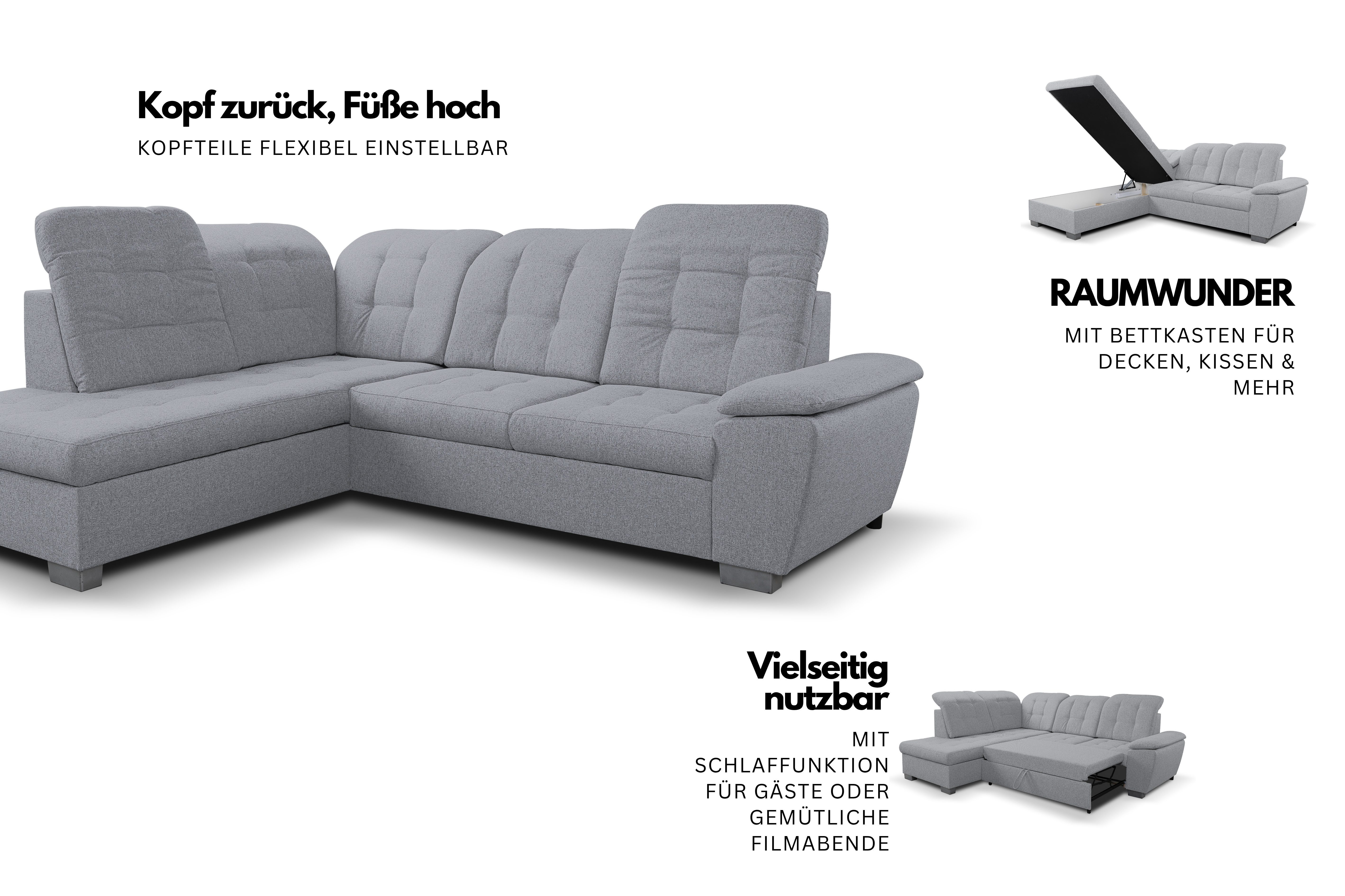 WERK2 Ecksofa Bonny inkl. Kopfteilverstellung, Bettfunktion, Stauraum, Breite 265cm, Komfortwunder mit Schlaffunktion, verstellbarem Kopfteil & Stauraum.