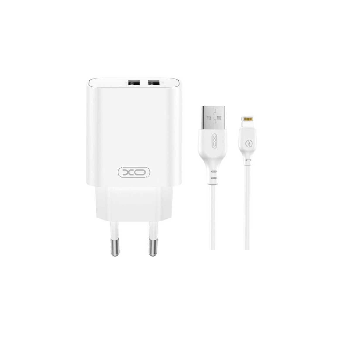 XO CE34 USB-Ladegerät (2400 mA, Einzelladegerät mit Kabel, 2 USB, inkl. IPhone-Kabel, 12W, kompakt, reisetauglich)