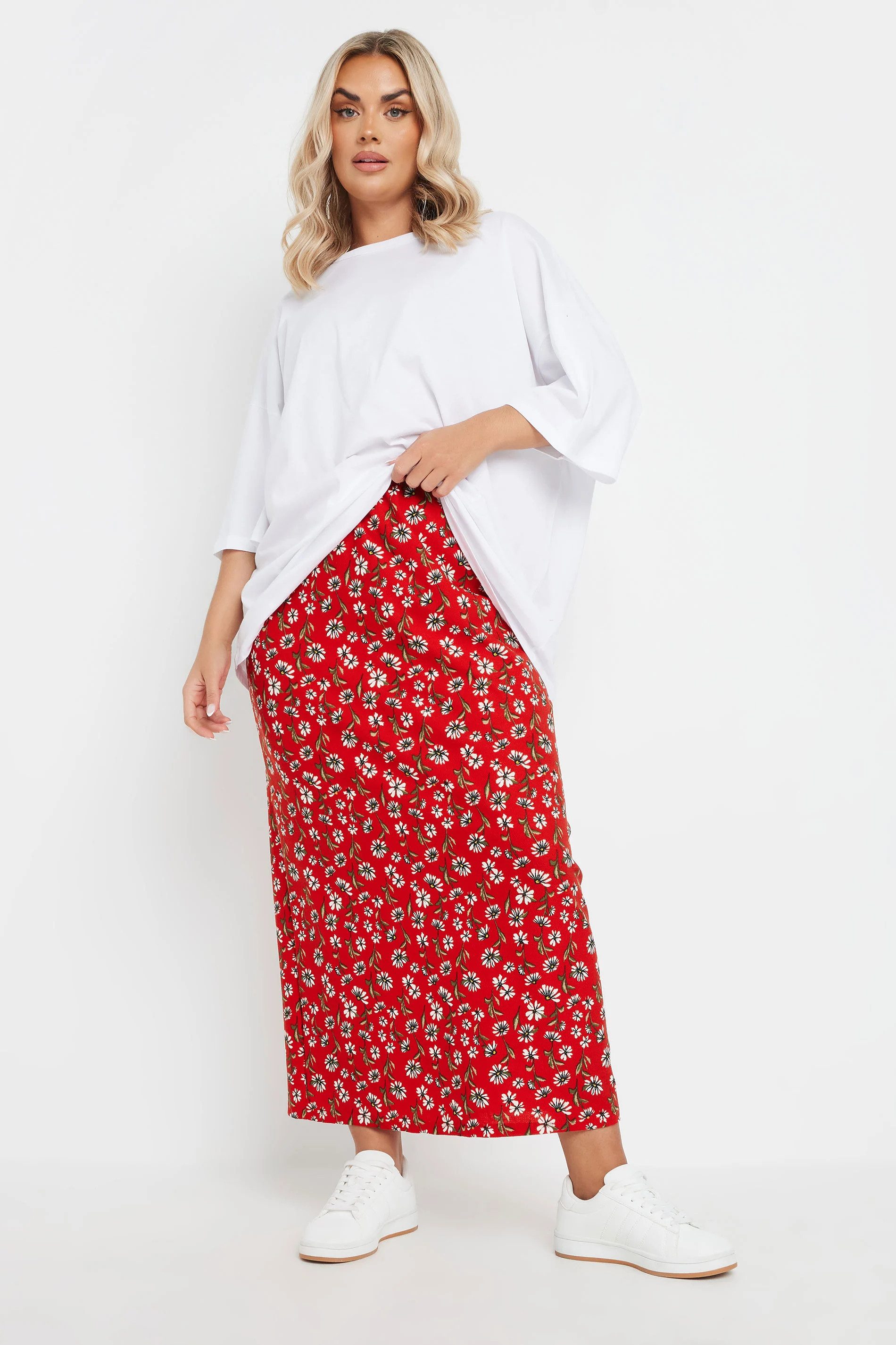 Stil Diva Midirock Langer Rock in Übergröße mit elastischem Bund, Blumenmuster, ohne Tasc