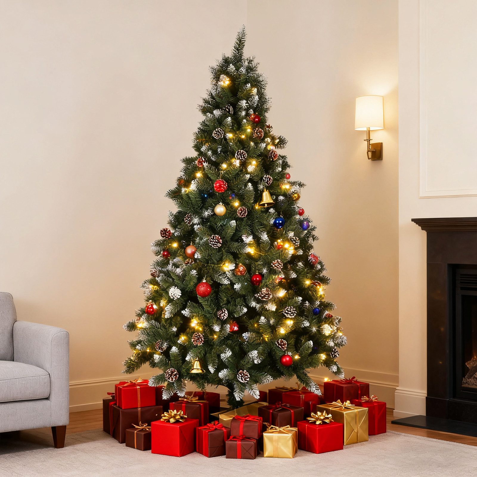 oyajia Künstlicher Weihnachtsbaum Künstlicher Weihnachtsbaum aus PVC,mit Schnee-Effekt, Holzständer, Christbaum Künstlich, Schwer entflammbarer Tannenbaum Künst – Bild 4 von 5