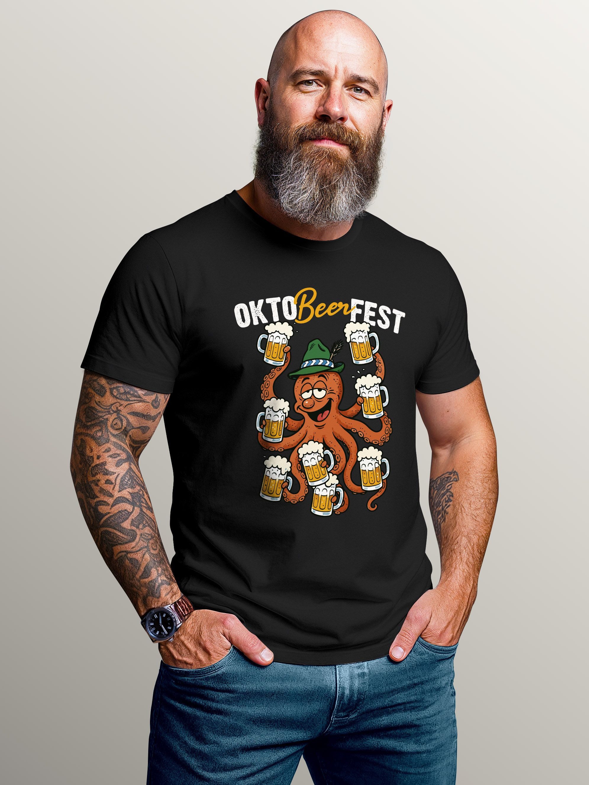 MoonWorks Print-Shirt Herren T-Shirt für das Oktoberfest Okto-Beer-Fest Oktopus Bier mit Print