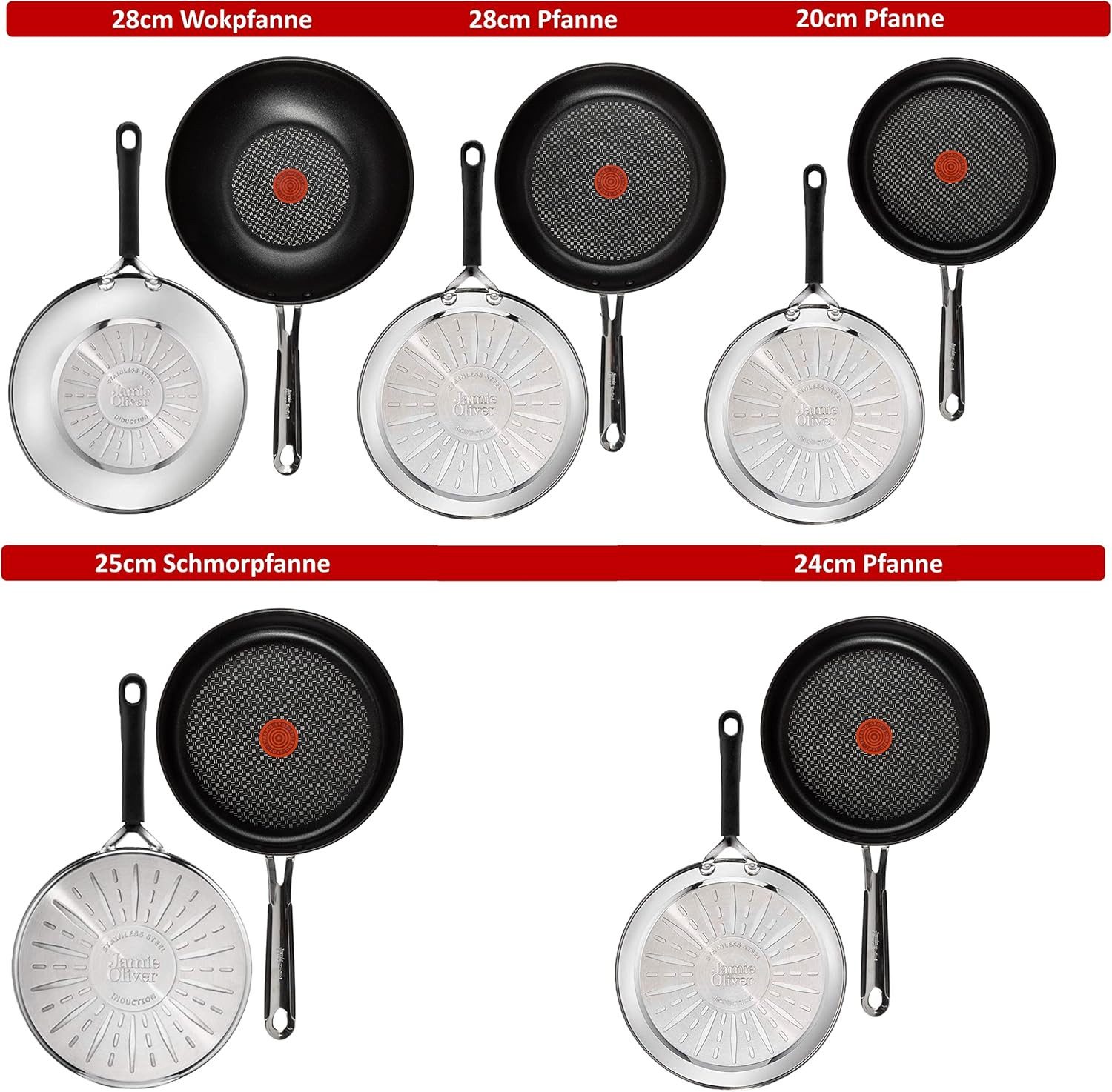 Tefal Pfannen-Set Jamie Oliver E76 Pfannenset 20,24,28cm + Wok 28cm Schmorpfanne mD 25cm, Edelstahl 18/10 (Pfanne, Bratpfannen Set, Pfannenset, Wok, Wokpfanne, Schmorpfanne, Pfannen + 1 Wender & Schoner Antihaftbeschichtet Pfannenset mit Deckel), ohne Fett / Öl braten