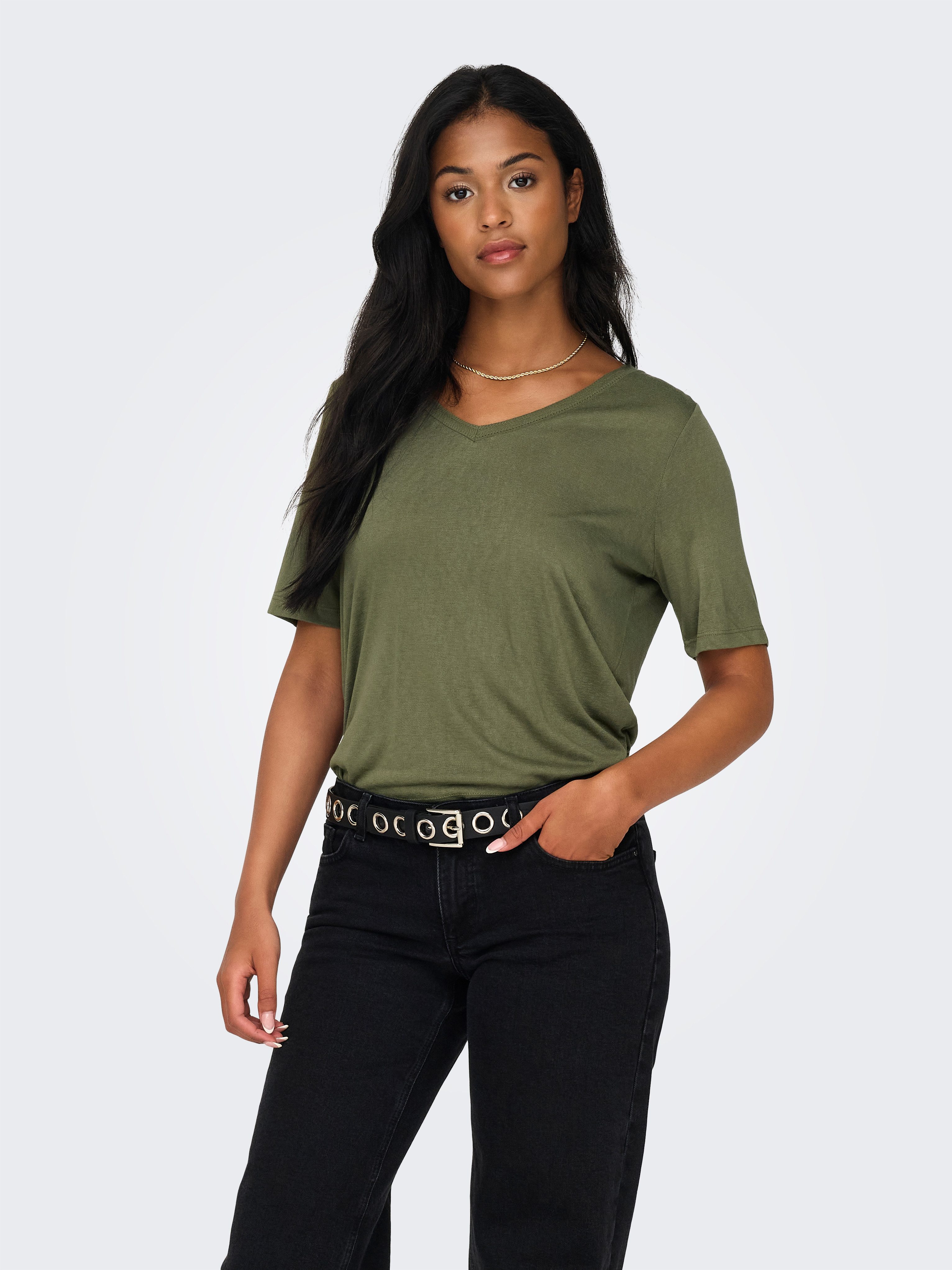ONLY Kurzarmshirt ONLELISE S/S V-NECK TOP JRS NOOS