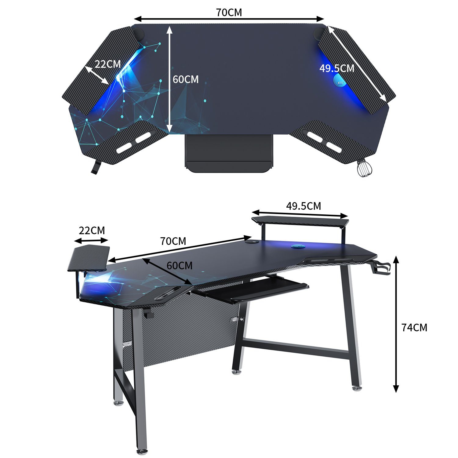 mit Computertisch 180cm mit Gaming HOMALL Tisch Gamingtisch Tastaturablage LED