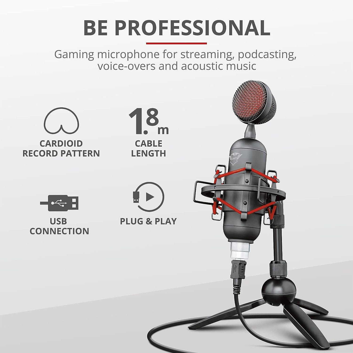 Trust Mikrofon GXT 244 Buzz USB Gaming Microphone mit Ständer für PC, PS4, PS5 (Packung, 1-tlg), Live-Streaming USB Kondensator Mikrofon, Podcasting, YouTube, Twitch