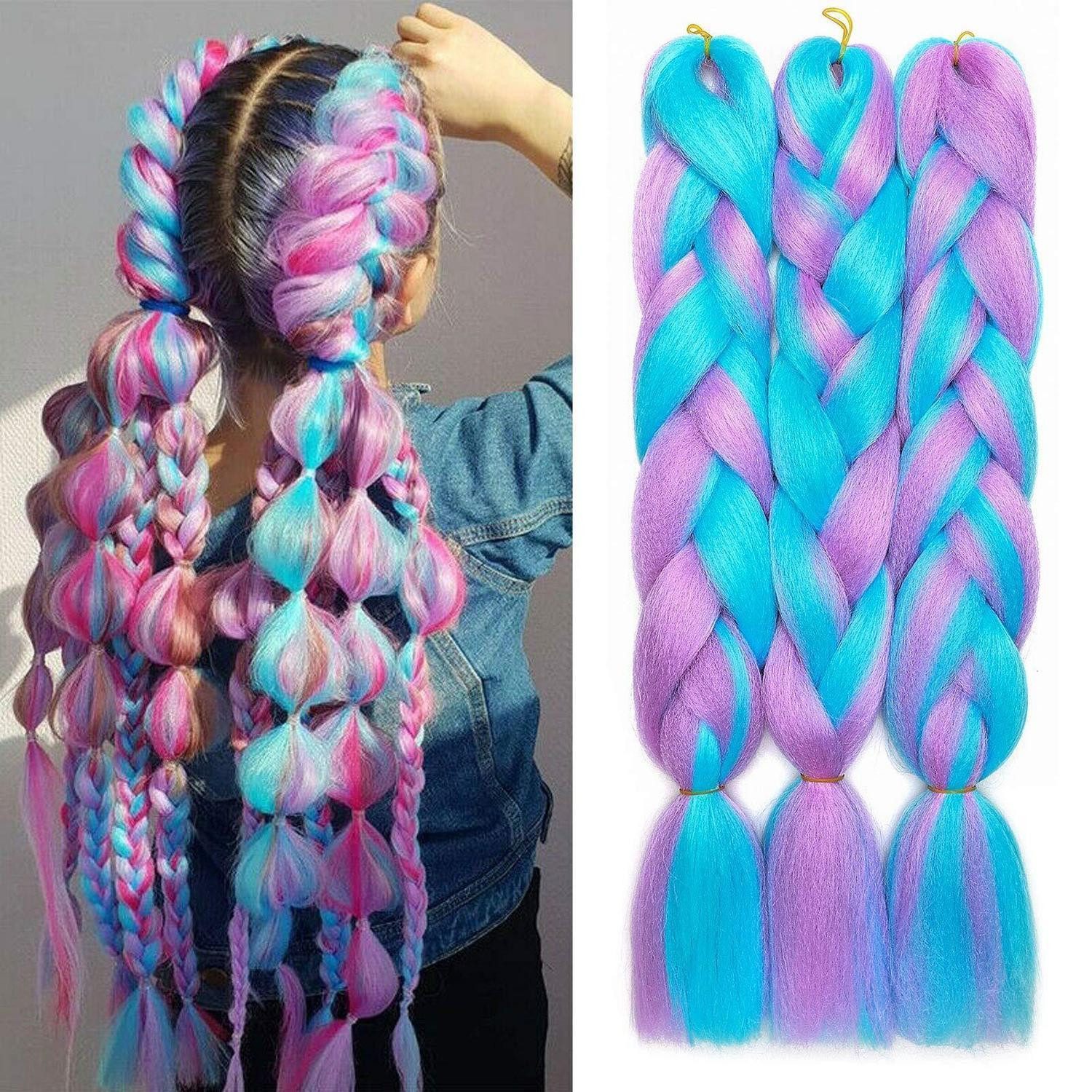 LuxusKollektion Kunsthaar-Extension Haarverlängerung 60 cm (3er Pack) Himmelblaue Mischung Hellpurpur
