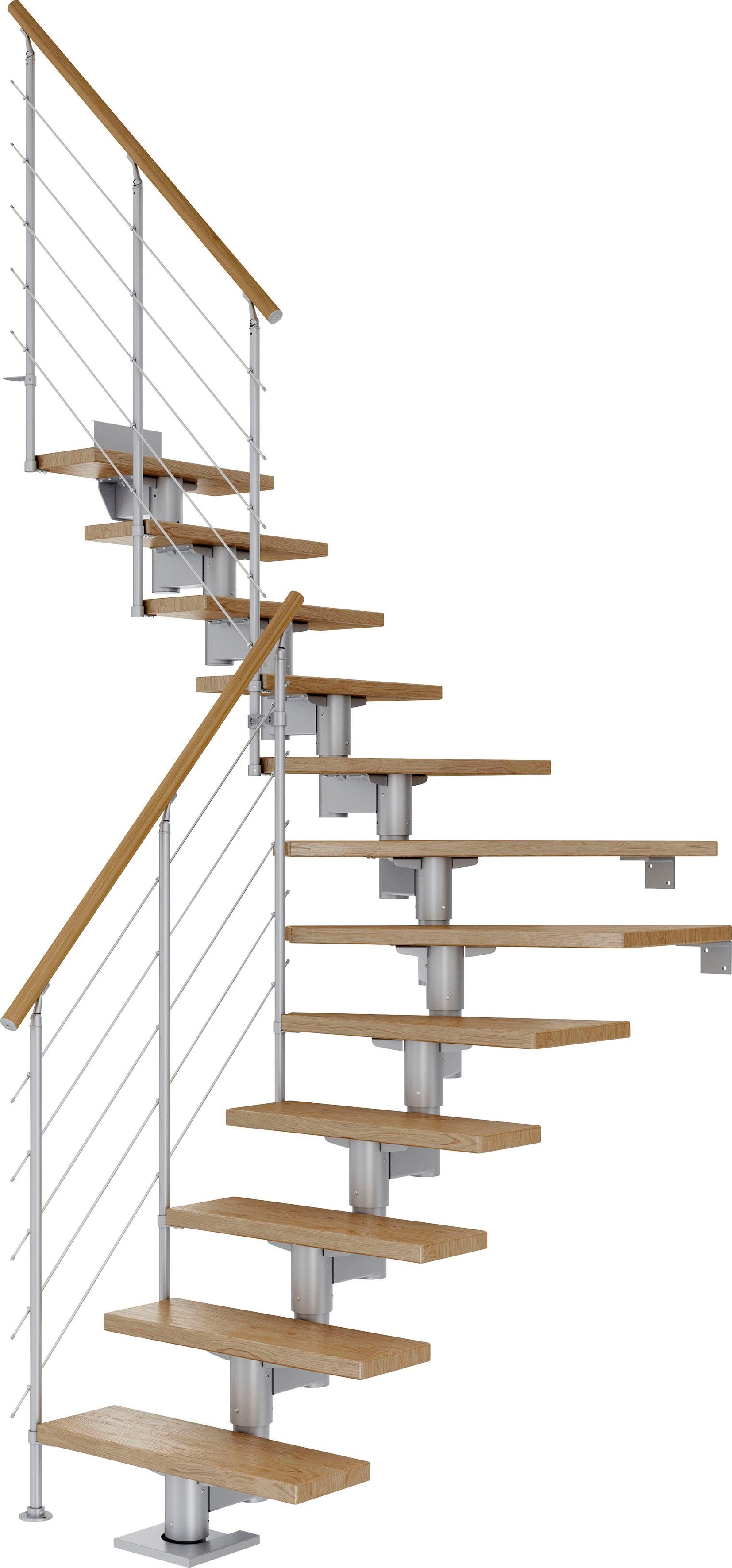 Cork, Eiche/Metall Mittelholmtreppe für 292 Geschosshöhen cm, Dolle Stufen bis offen,