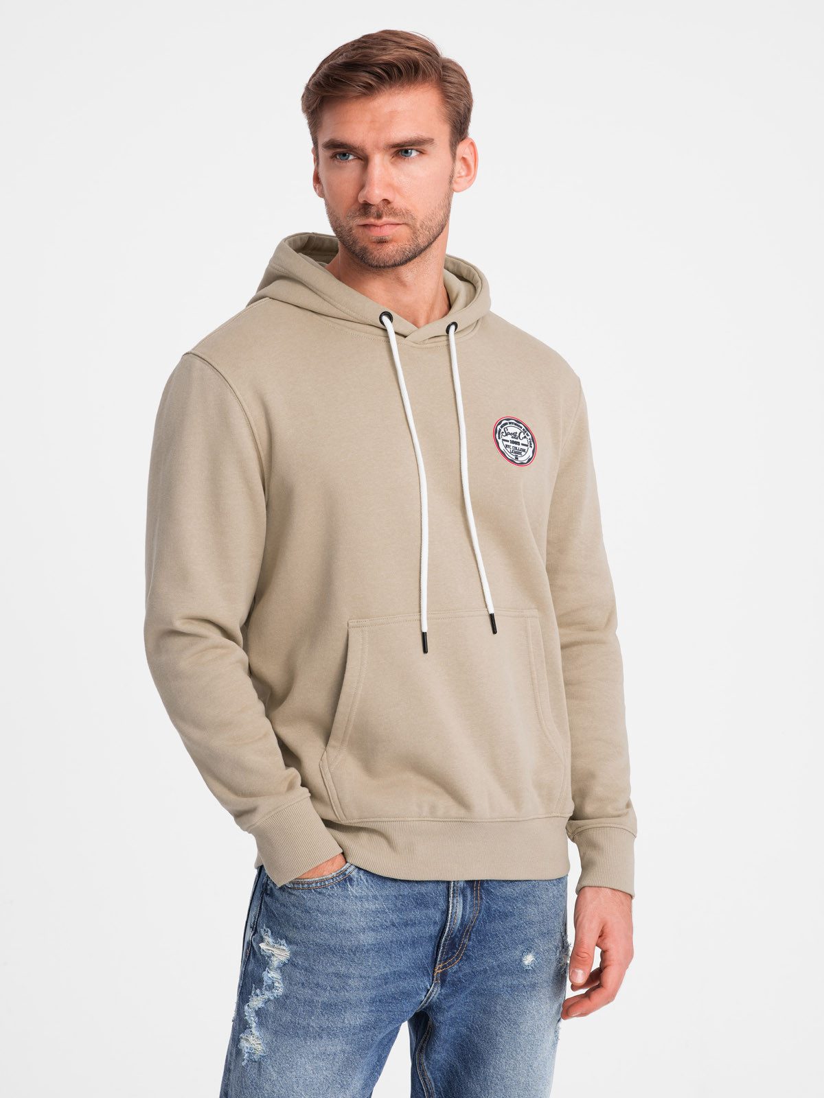 Kapuzenshirt Herren-Känguru-Sweatshirt mit Kapuze und Aufnäher im College-Stil