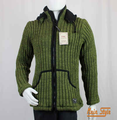 Mein Style Strickjacke Schafwollstrickjacke grün 720 (1-tlg., 1 Stück) Strickjacke mit abnehmbarer Kapuze