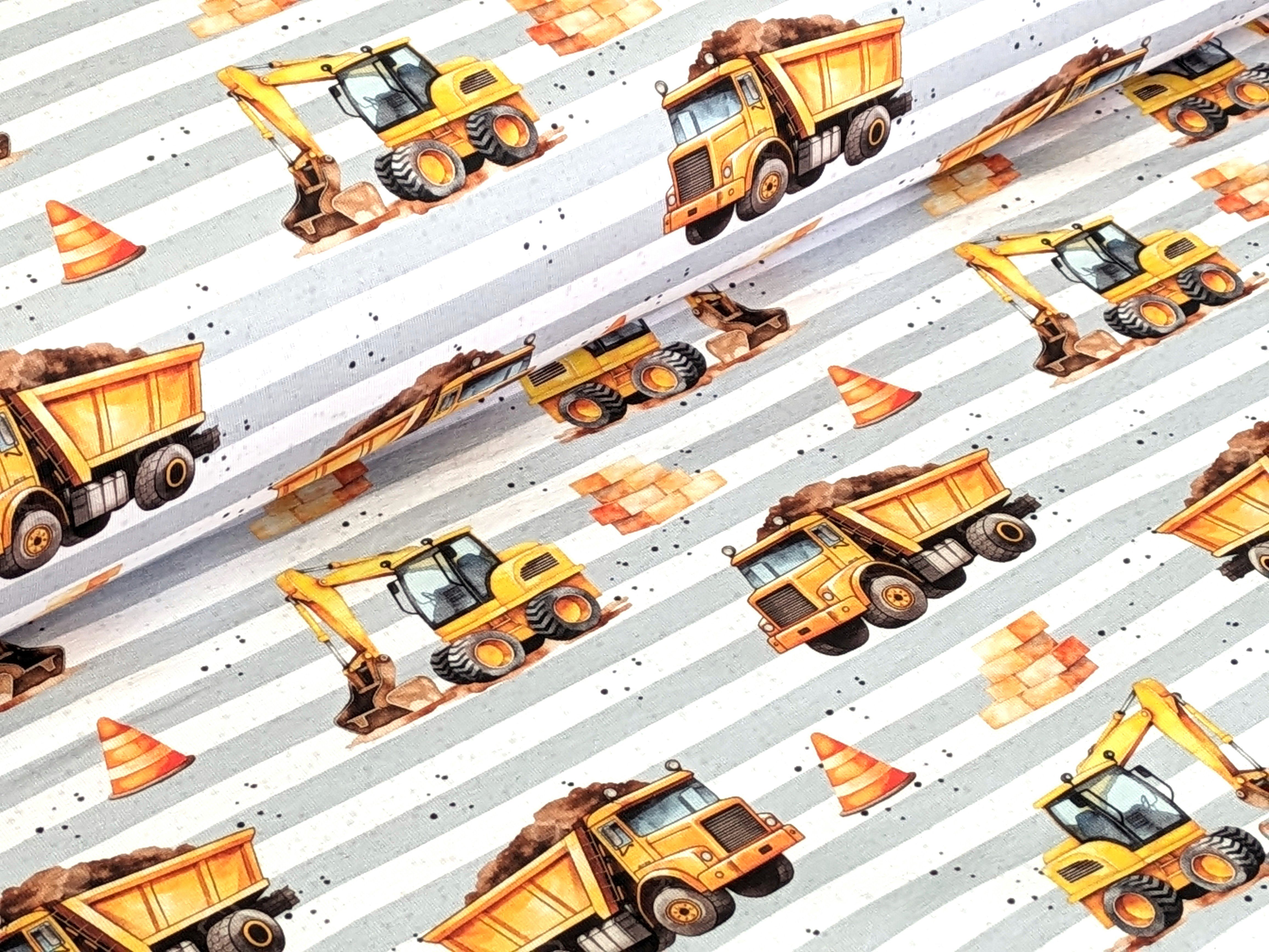 Corileo Stoff EP Baumwolljersey Baustellen Fahrzeuge Streifen auf Hellgrau Stoff