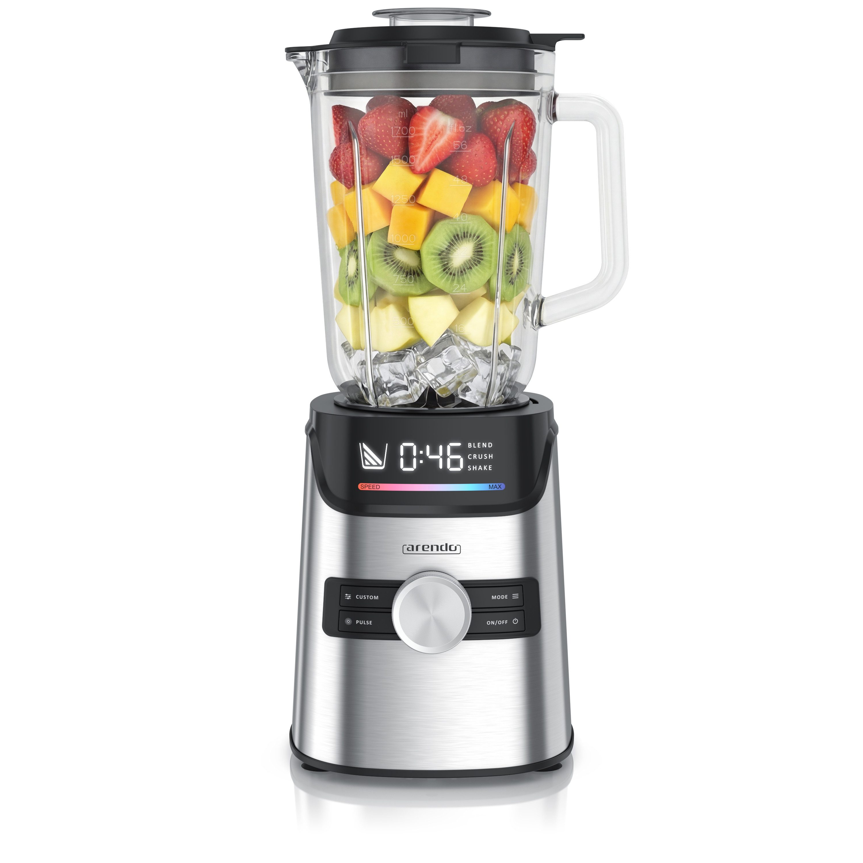 Arendo Standmixer Edelstahl Hochleistungsmixer 1400W, Display, 6 Geschwindigkeitsstufen, 1400 W, 1,7 l Glasbehälter, 3 Programme, Pulsfunktion, Sicherheitssperre