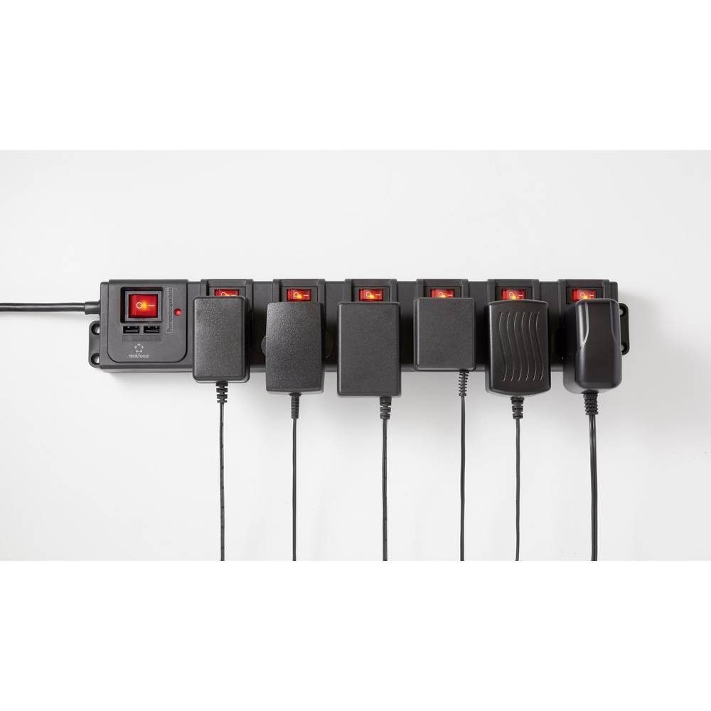 Renkforce 6fach Überspannungsschutz Steckdosenleiste mit USB RF-3313344 Steckdosenleiste (Kabellänge 1.50 m), erhöhter Berührungsschutz, Überspannungsschutz, einzeln schaltbar, mit