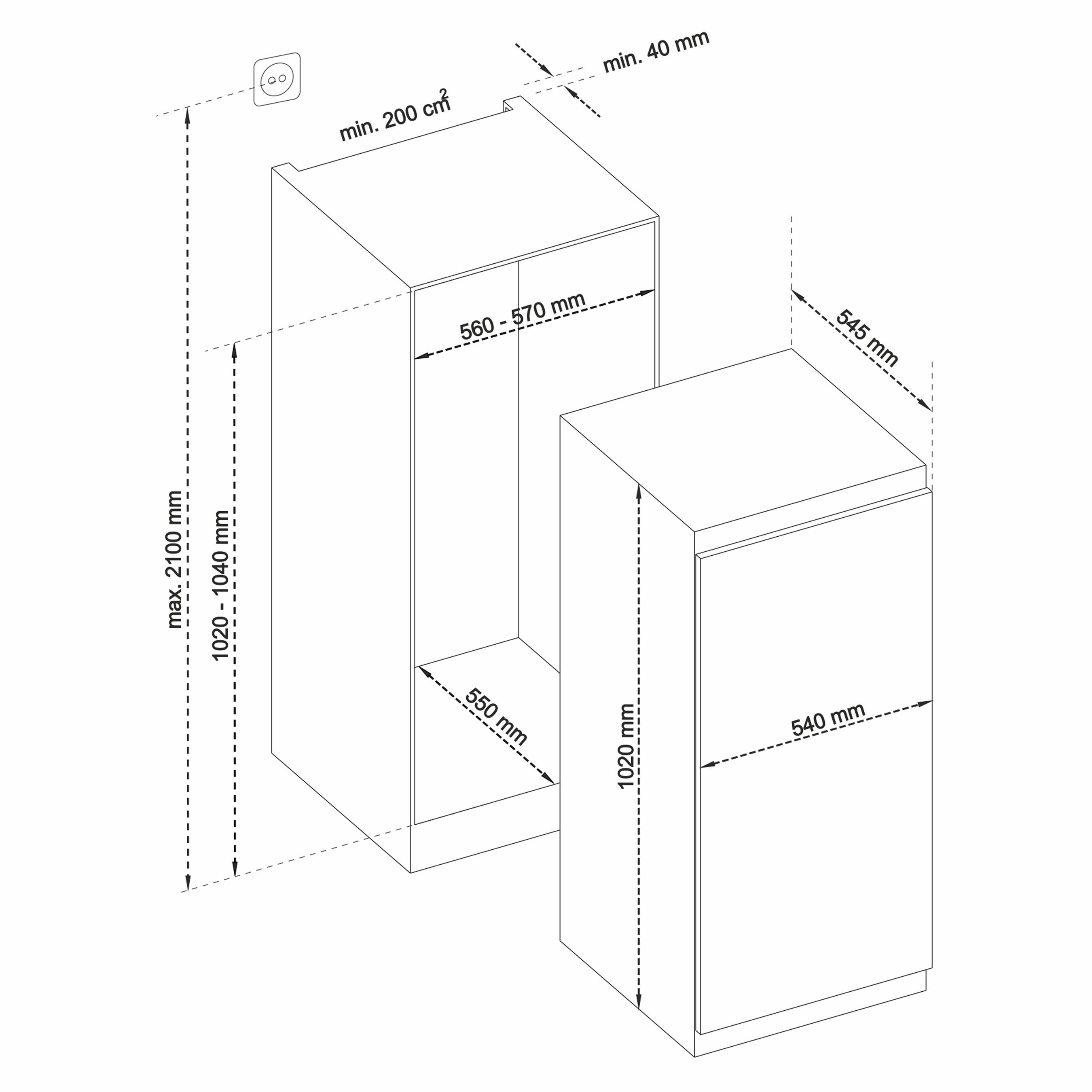Telefunken Einbaukühlschrank EK102S160E, 102 cm hoch, 54 cm breit, 154 Liter Inhalt, Ohne Gefrierfach, 102cm Nische, Schlepptürtechnik