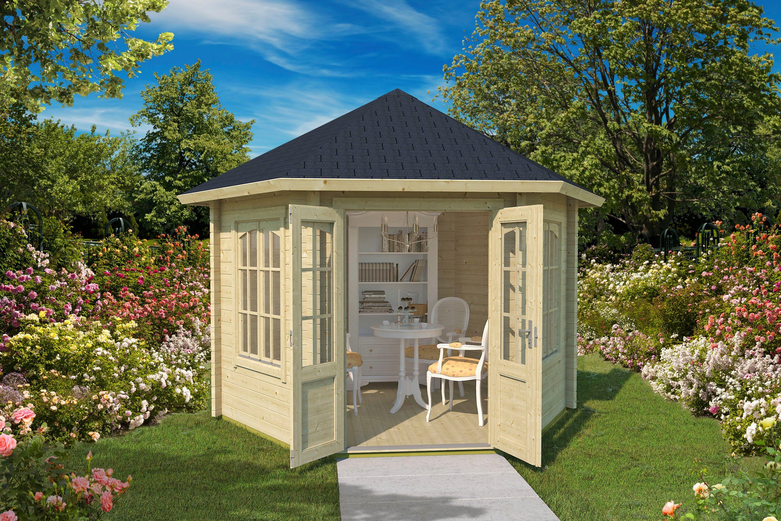 LASITA MAJA Pavillon Rivera, mit 6 Seitenteilen, (Set, Inklusive Fussbodenbretter zum verlegen), BxT: 363,7x420 cm, Fichtenholz