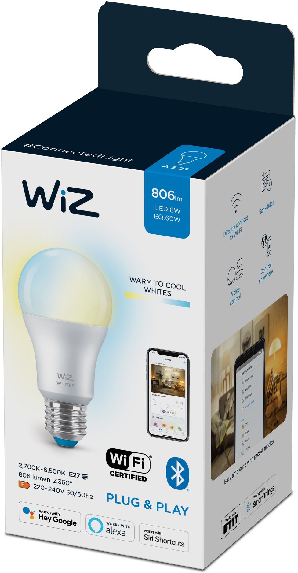 WiZ LED-Leuchtmittel White 60W E27 Standardform Tunable 8W matt Einzelpack, E27, 1 St., Warmweiß, Kreieren Sie mit Wiz Tunable White LED Lampen smarte Beleuchtung