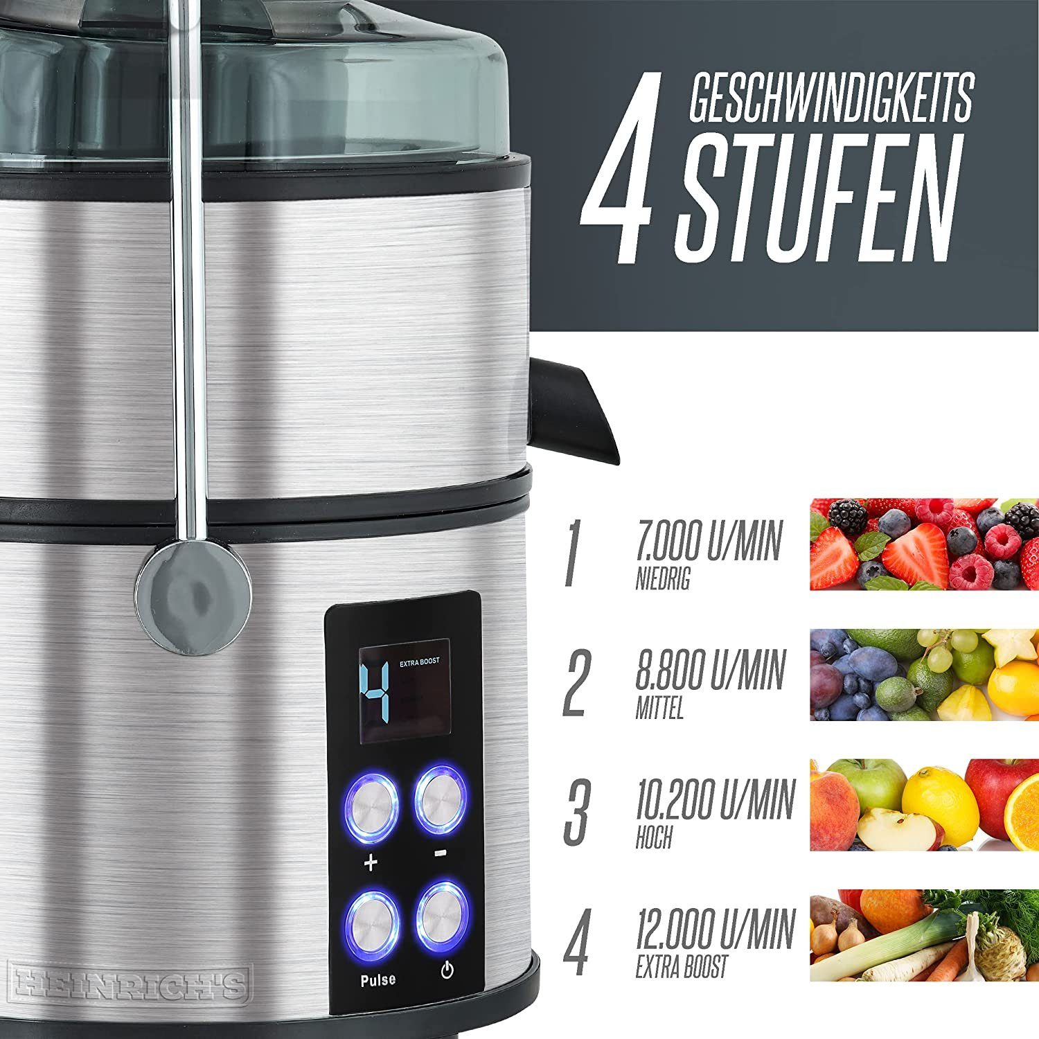 Heinrich´s Entsafter HPJ 8694, 800,00 W, 2L, Saftpresse, Juicer mit Edelstahlsieb mit 1,1 Liter Saftbehälter