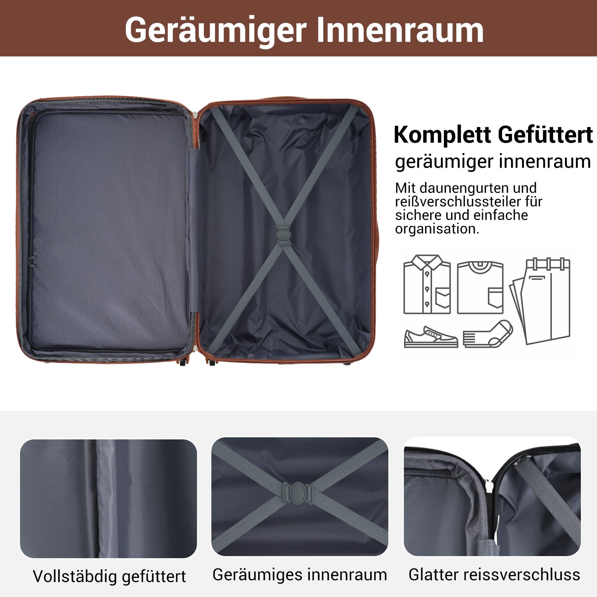 Set (3 Kofferset Handgepäck Reisekoffer Weiß+Braun Flieks Rollen, 4 Trolleyset, tlg), Hartschalentrolley