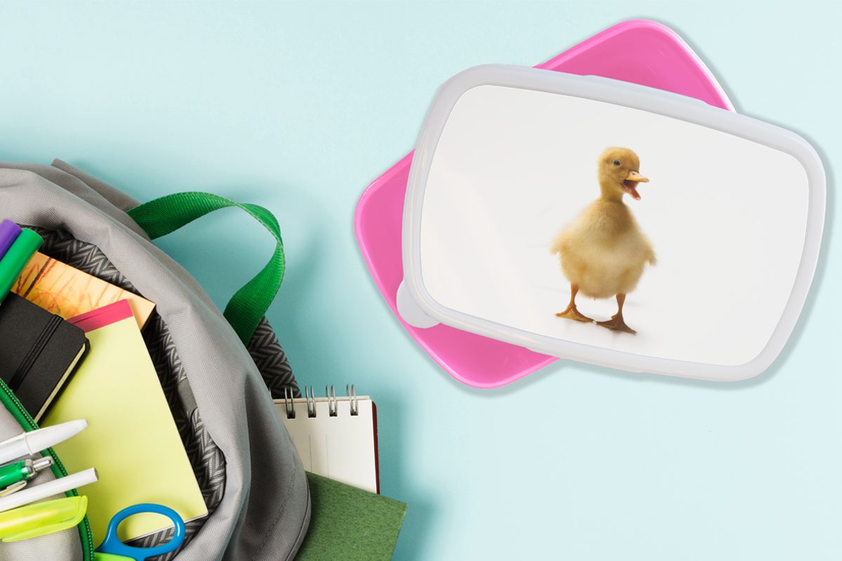 MuchoWow Lunchbox Baby-Ente kommuniziert, Kunststoff Snackbox, Brotbox Kinder, (2-tlg), rosa Kunststoff, Brotdose Erwachsene, Mädchen, für
