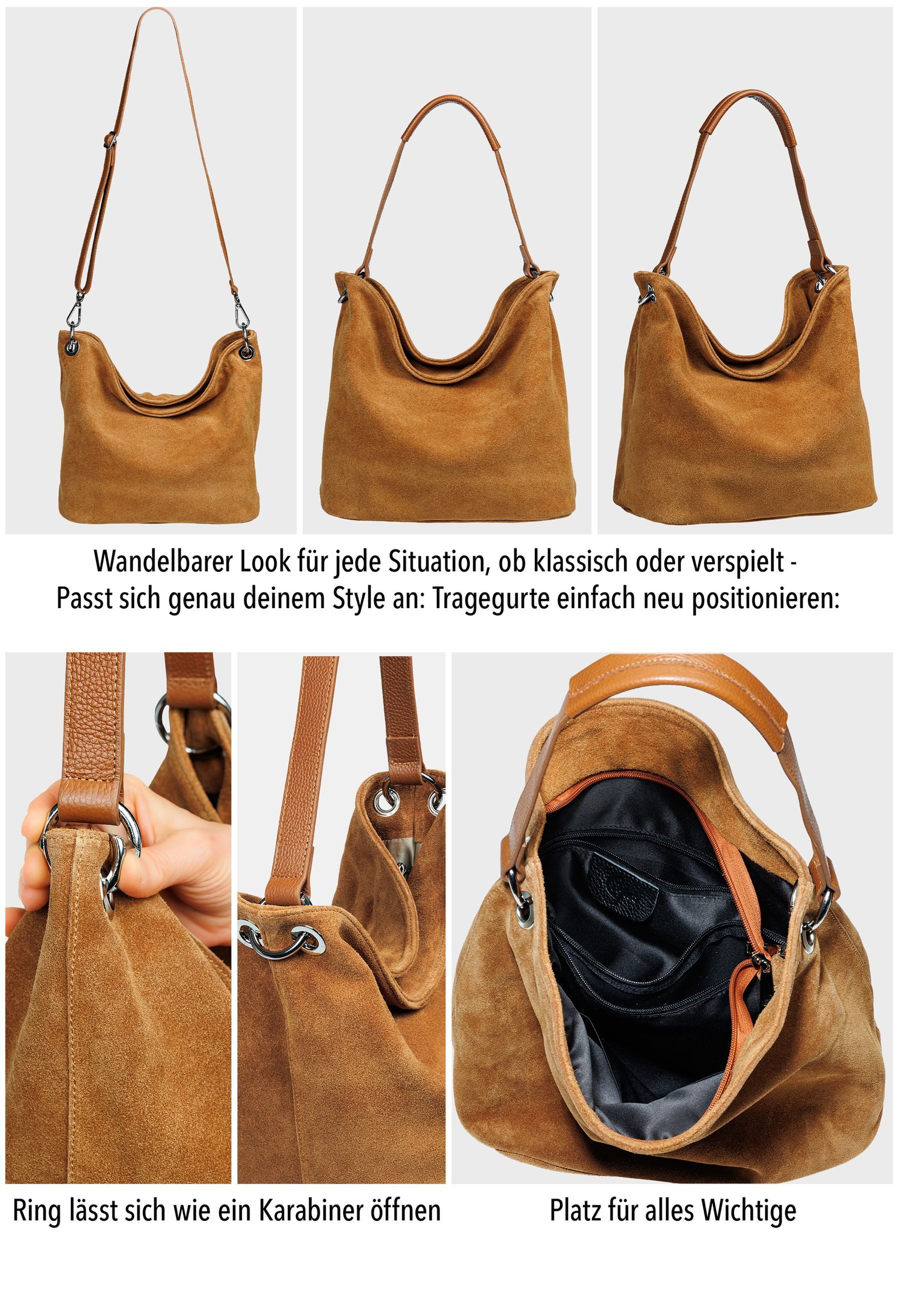 Caspar Schultertasche Damen Veloursleder Handtasche Klassisch - PREMIUM LINE - Modell No.580, 100% italienisches Leder, samtig weich, angenehmer Tragekomfort – Bild 5 von 5
