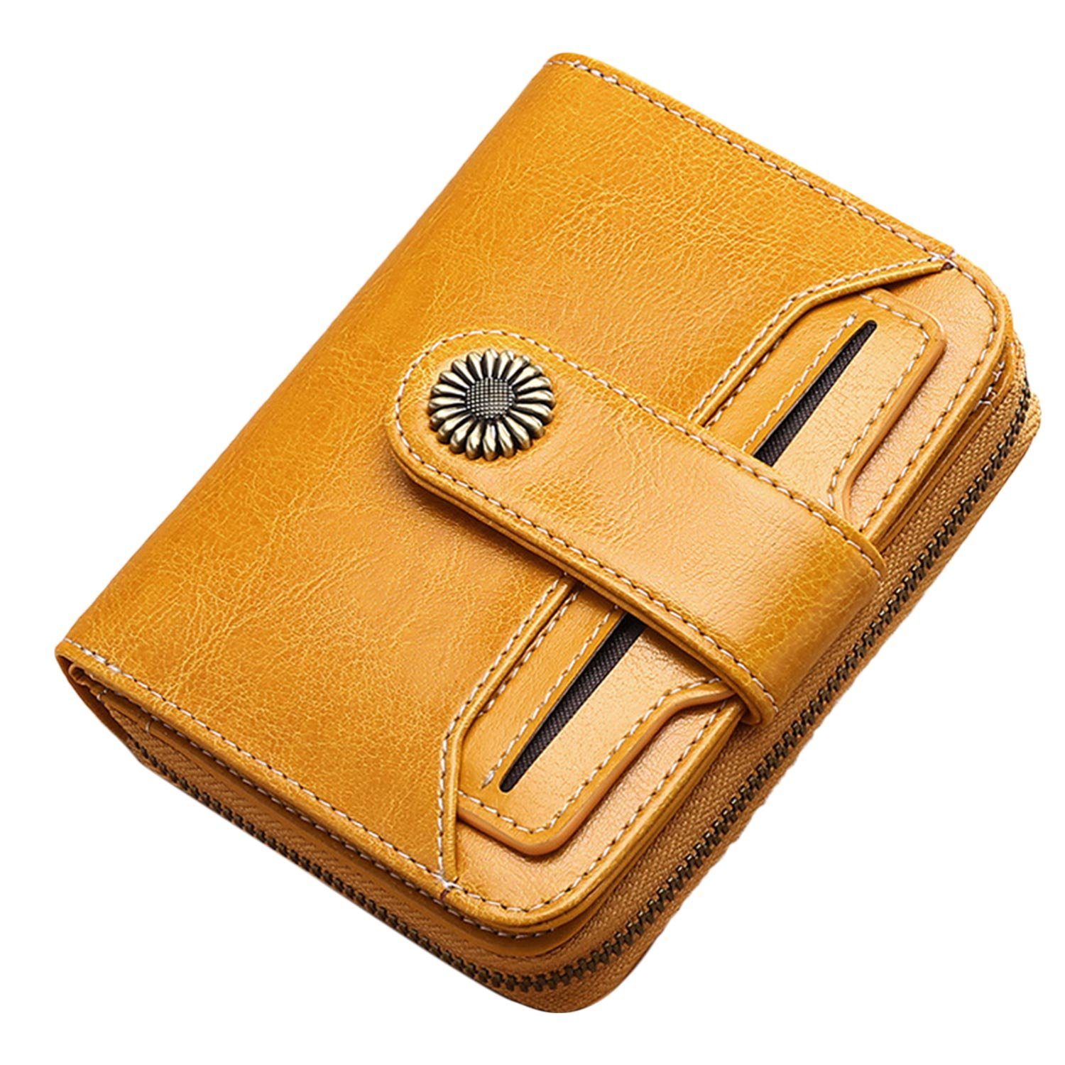 MAGICSHE Brieftasche Echtes Leder Damen Geldbörse, kleine Reißverschluss Geldbörse, Clip mit Münzfach und RFID Schild Altes Gelb