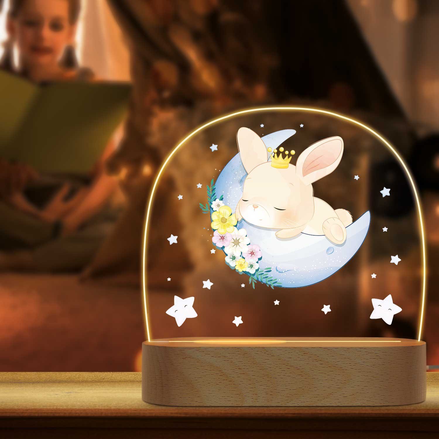 GRAVURZEILE LED Nachtlicht für Kinder, Beruhigend und Energiesparend - Mond Design - Hase, LED, 3 Lichtmodi: Warm- Kalt- und Mischweiß, Geschenk für Kinder & Baby