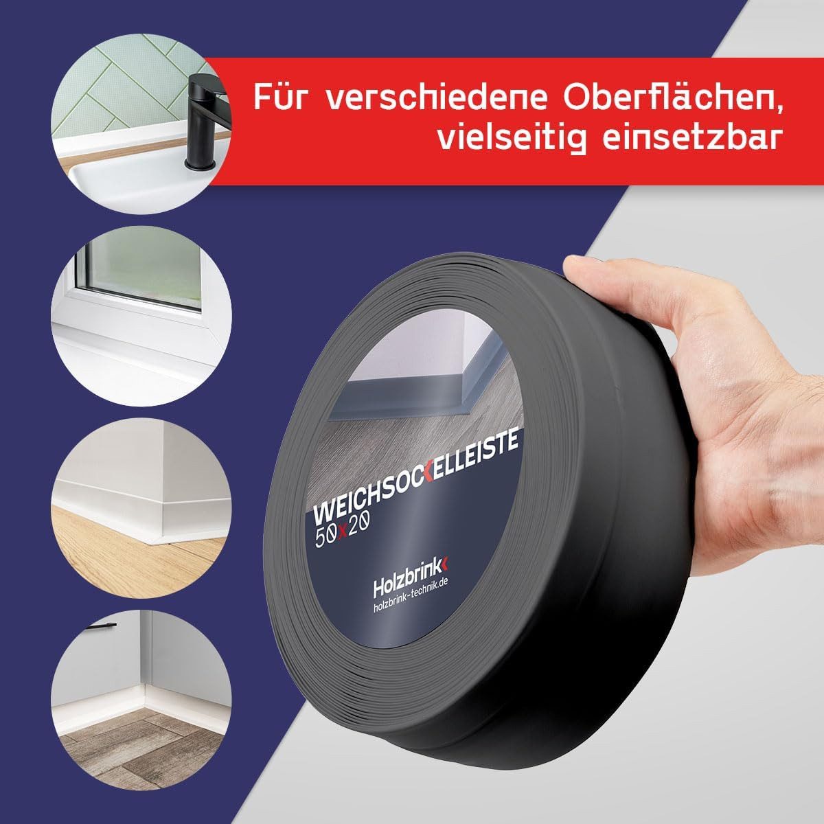 HOLZBRINK Sockelleiste HOLZBRINK selbstklebend PVC 50x20mm, 1 m, L: 100 cm, 1m Rolle, Küchenleiste Abschlussleiste für Badezimmer Farbe: Dunkelgrau – Bild 4 von 5