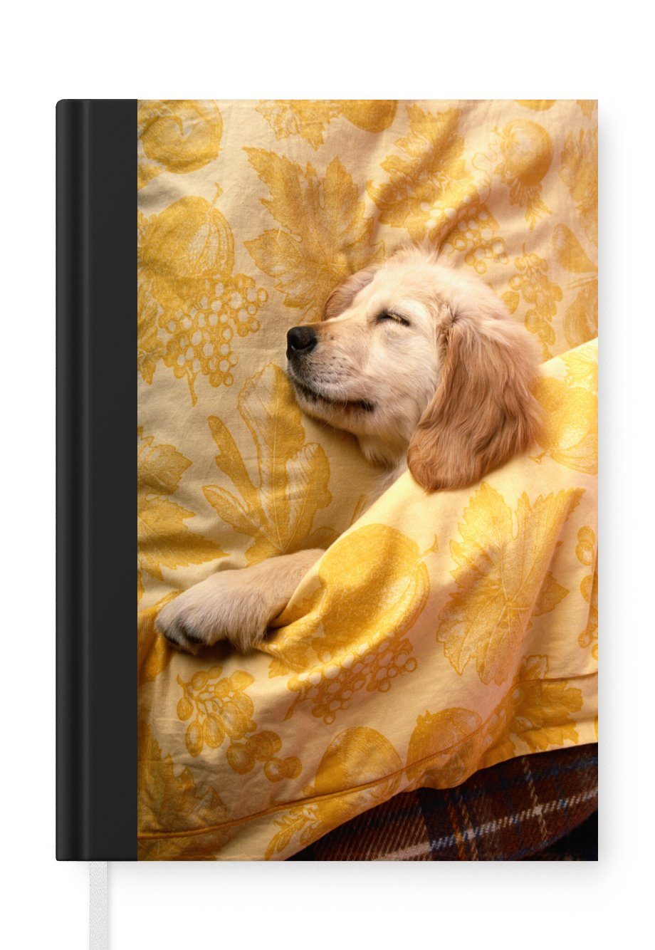 MuchoWow Notizbuch Golden Retriever Welpe liegt auf dem Bett, Journal, Merkzettel, Tagebuch, Notizheft, A5, 98 Seiten, Haushaltsbuch
