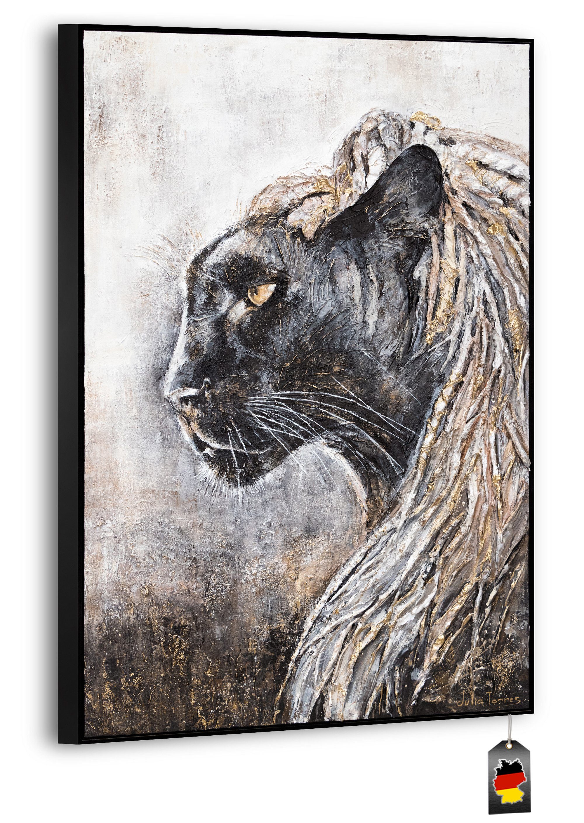 YS-Art Gemälde Baghira, Tiere, Leinwand Bild Handgemalt schwarzer Panther mit Rahmen