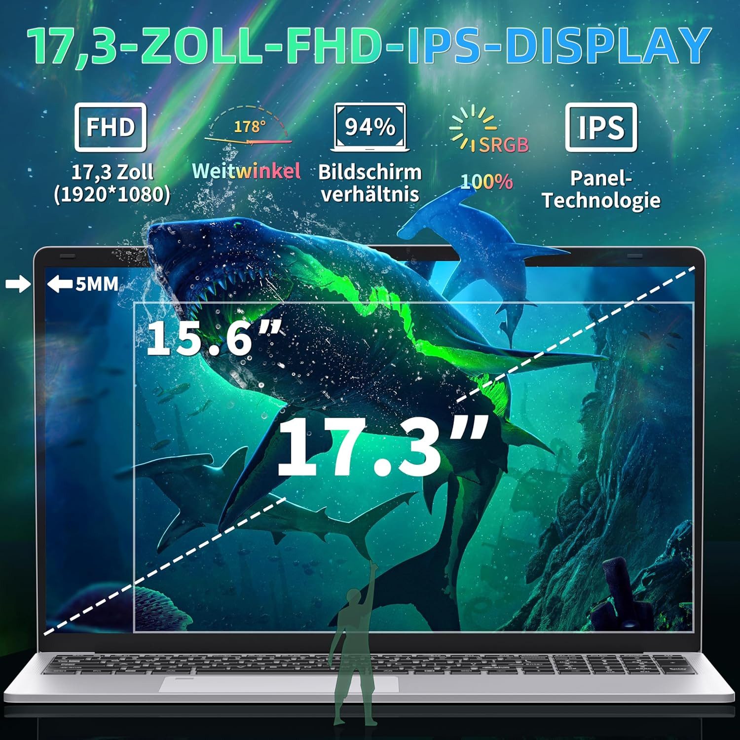 Rumtuk 17,3-Zoll-Laptop für Arbeit und Studium, FHD-IPS-Display Notebook (Pentium 6500Y, 16 GB, 512 GB SSD, Fingerabdrucksensor, WLAN/USB 3.0/Bluetooth/HDMI)