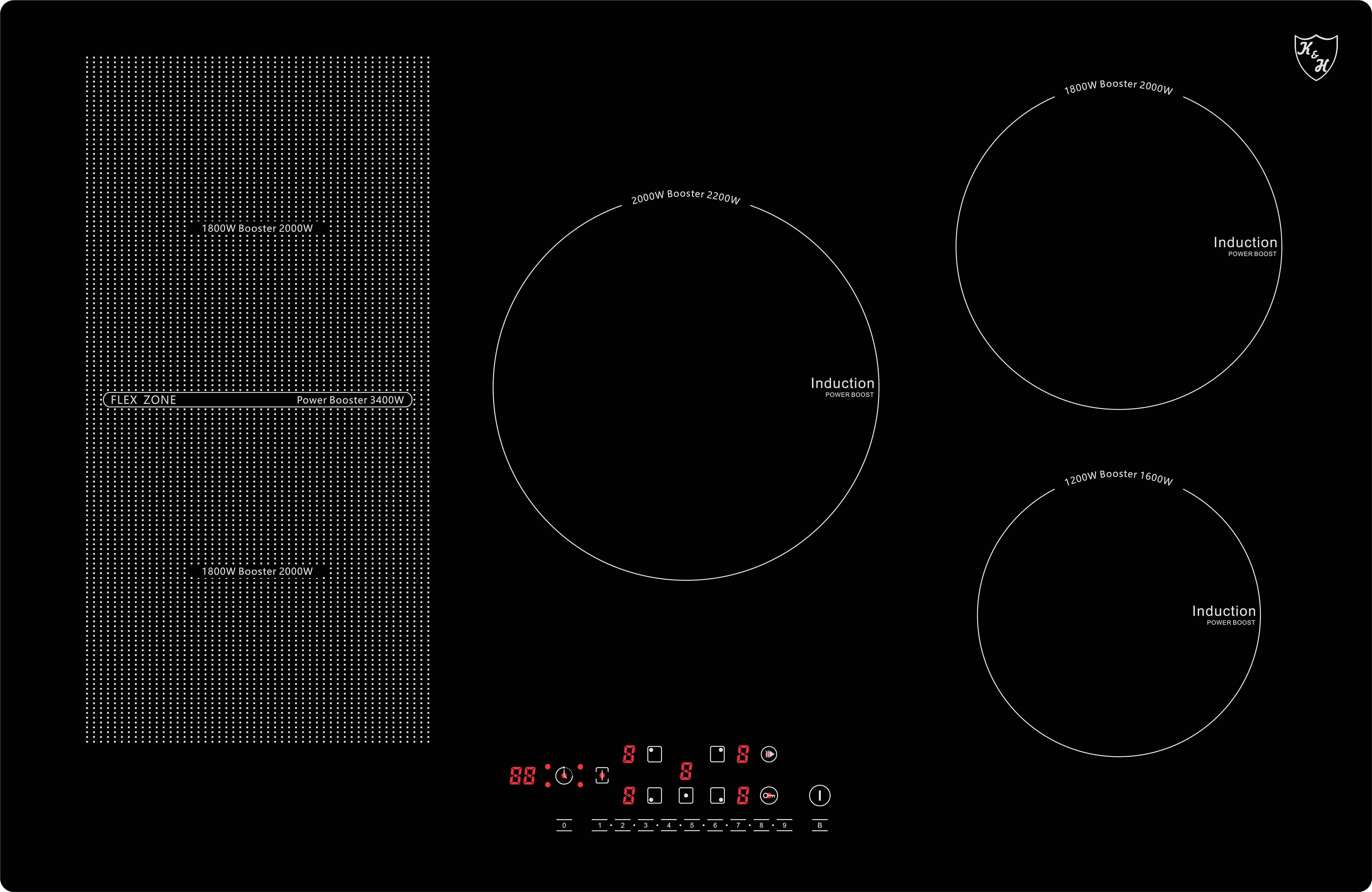 K&H Flex-Induktions-Kochfeld K&H 5 Zonen FLEX Induktionskochfeld 80cm Autark Eingebaut 80-IN-9200FLX, Einbaufähig, Autark, FLEX Zone, Booster Funktion